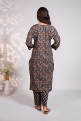 Blue floral design round neck salwar set with 3/4th sleeve, self bottom and matching dupatta