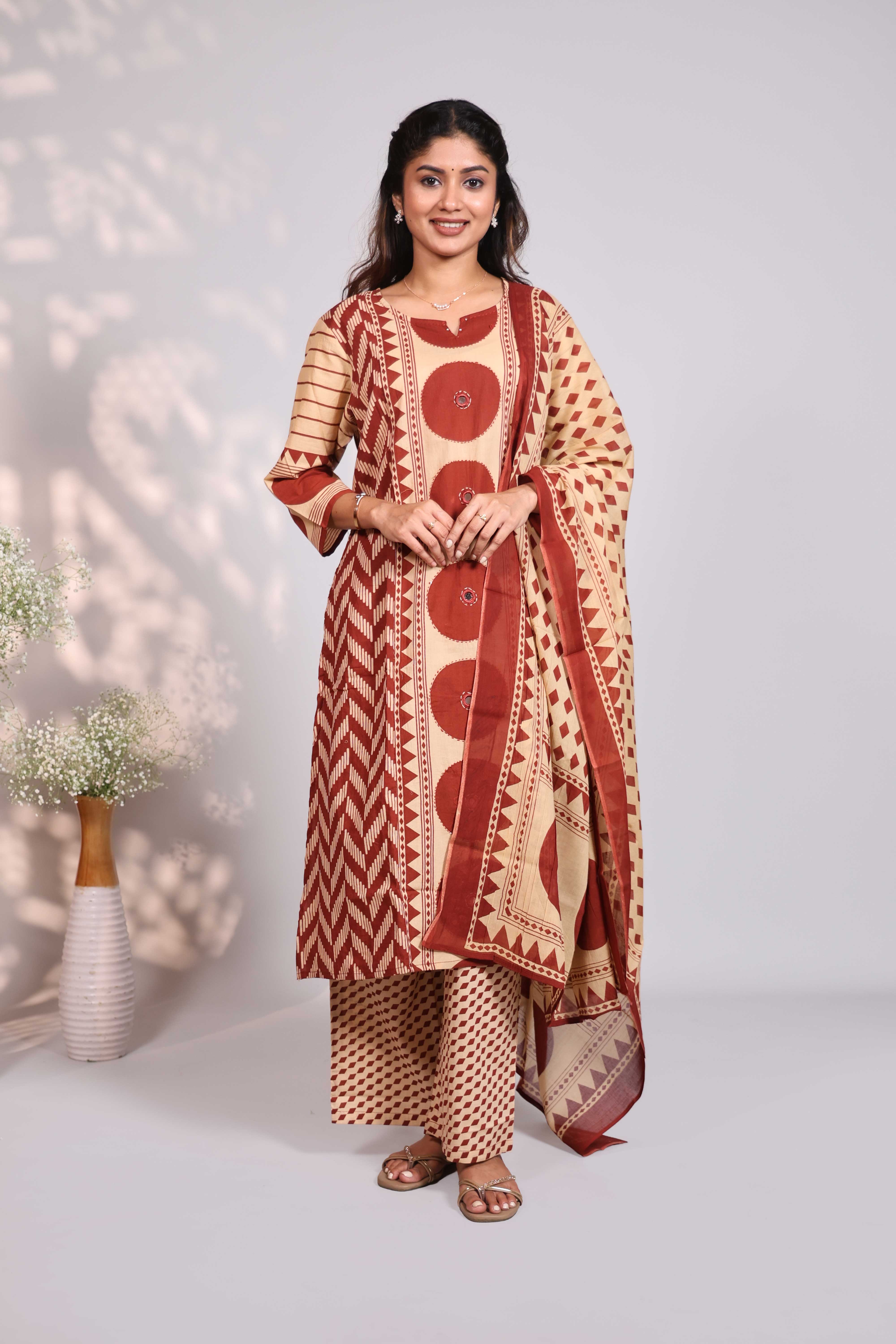 Sandal geometric motifs design round neck salwar set with 3/4th sleeve, self bottom and matching dupatta