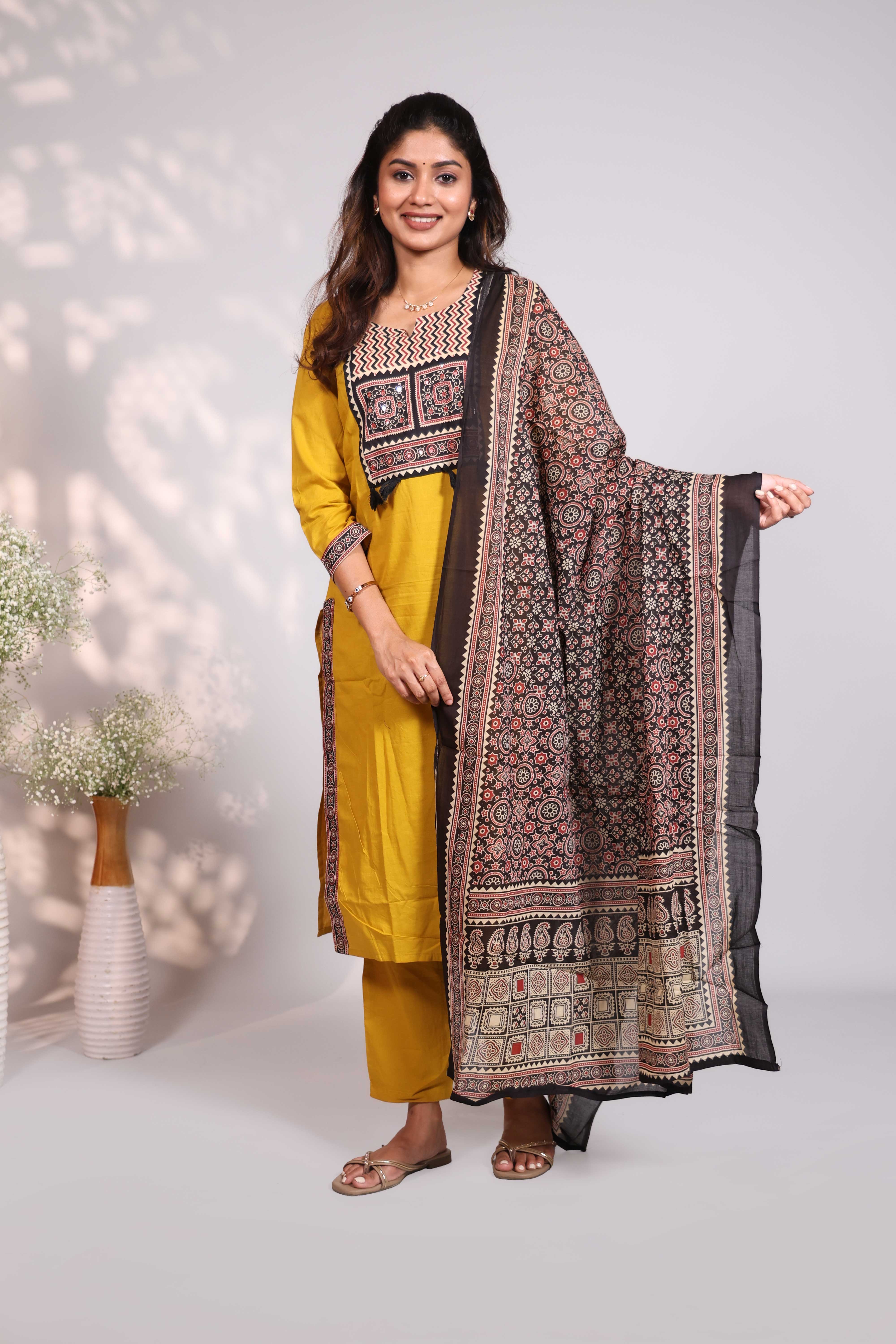 Mustard Cotton Salwar Suit with Mirror Work Neckline and Jaipuri Block Print Dupatta