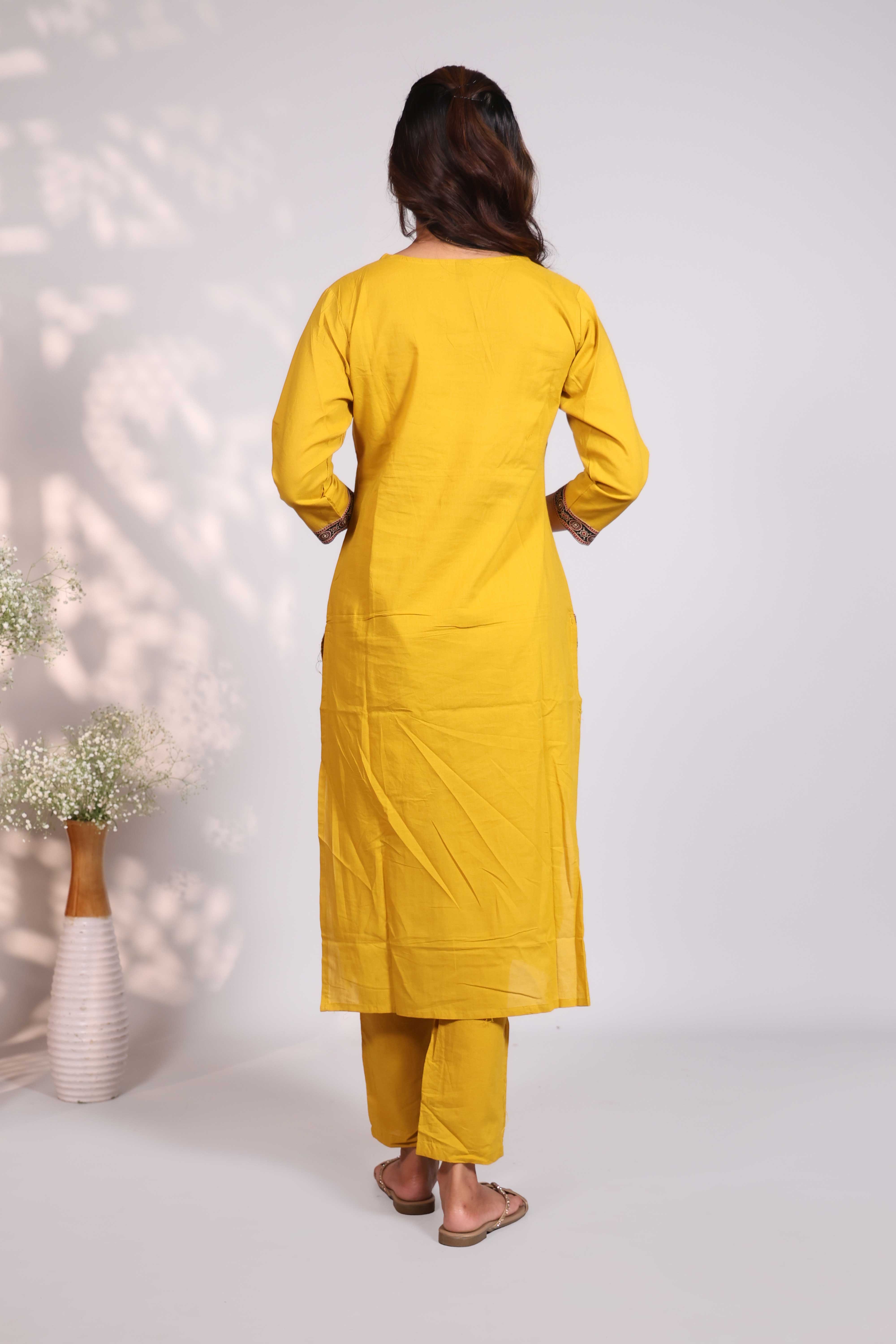 Mustard Cotton Salwar Suit with Mirror Work Neckline and Jaipuri Block Print Dupatta