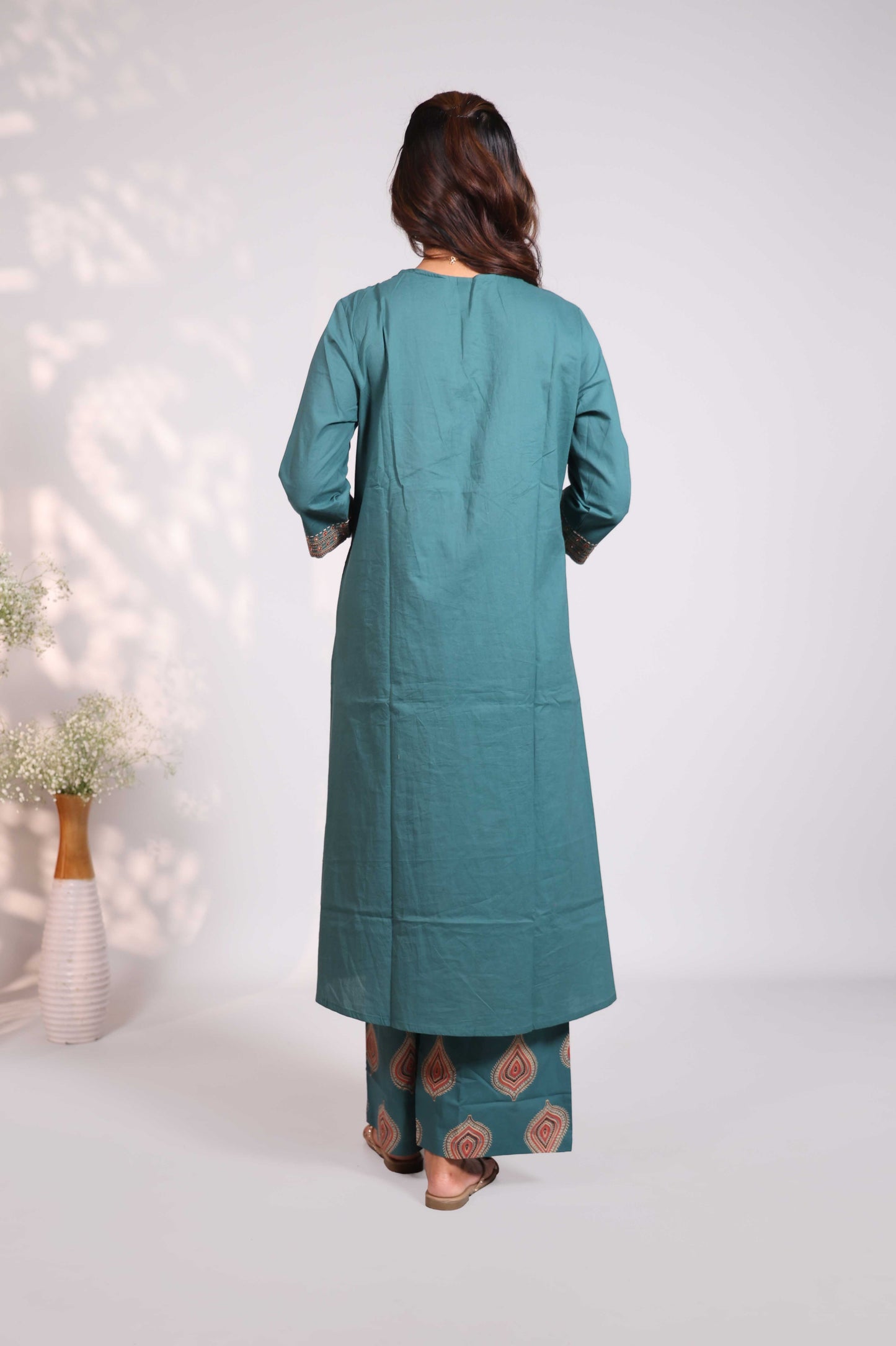 Teal green block-printed salwar set V-neck tunic with chain-stitch embroidery 3/4 sleeves matching wide-leg palazzo pants and matching dupatta