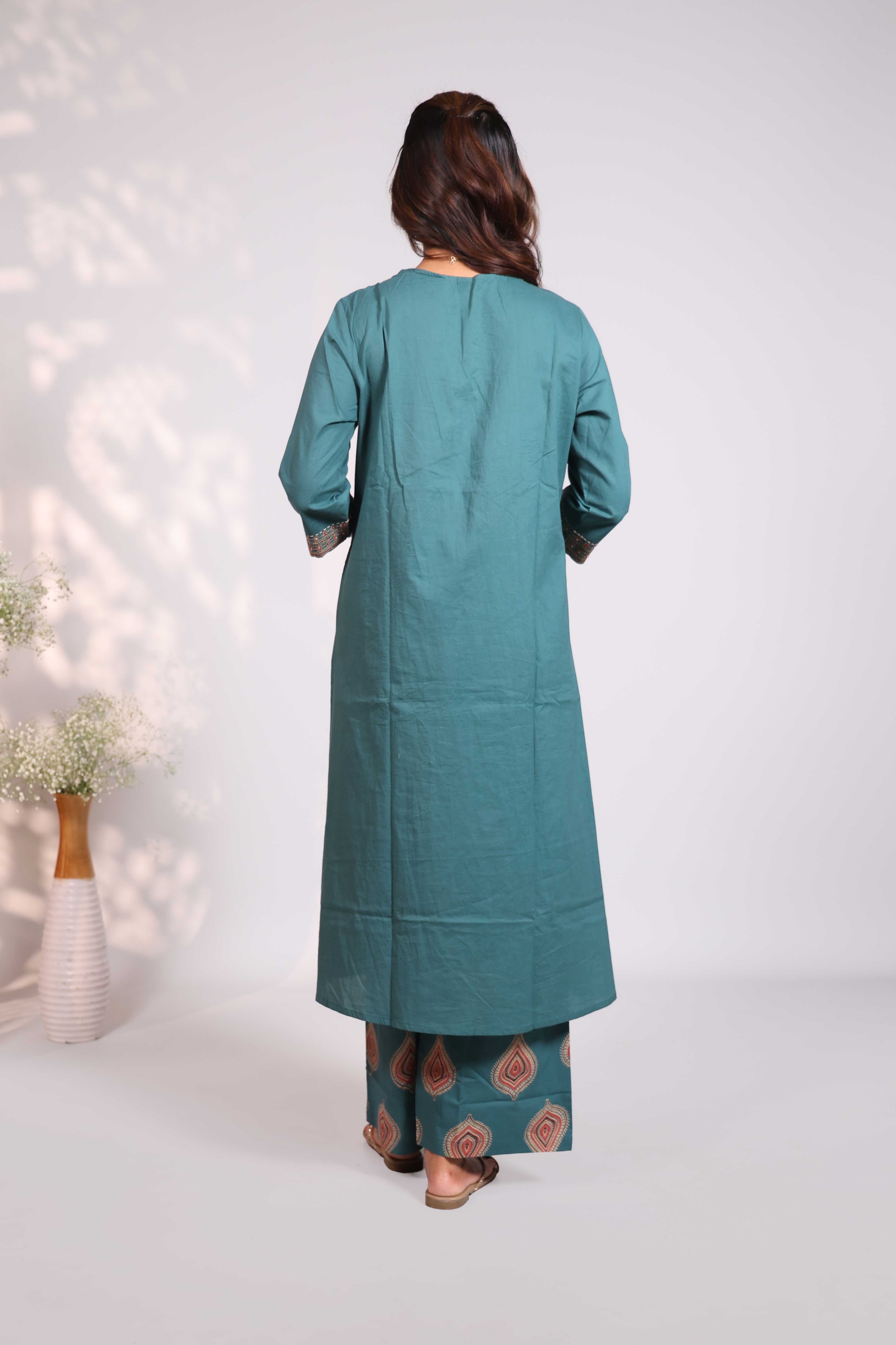 Teal green block-printed salwar setV-neck tunic with chain-stitch embroidery 3/4 sleeves matching wide-leg palazzo pants and matching dupatta