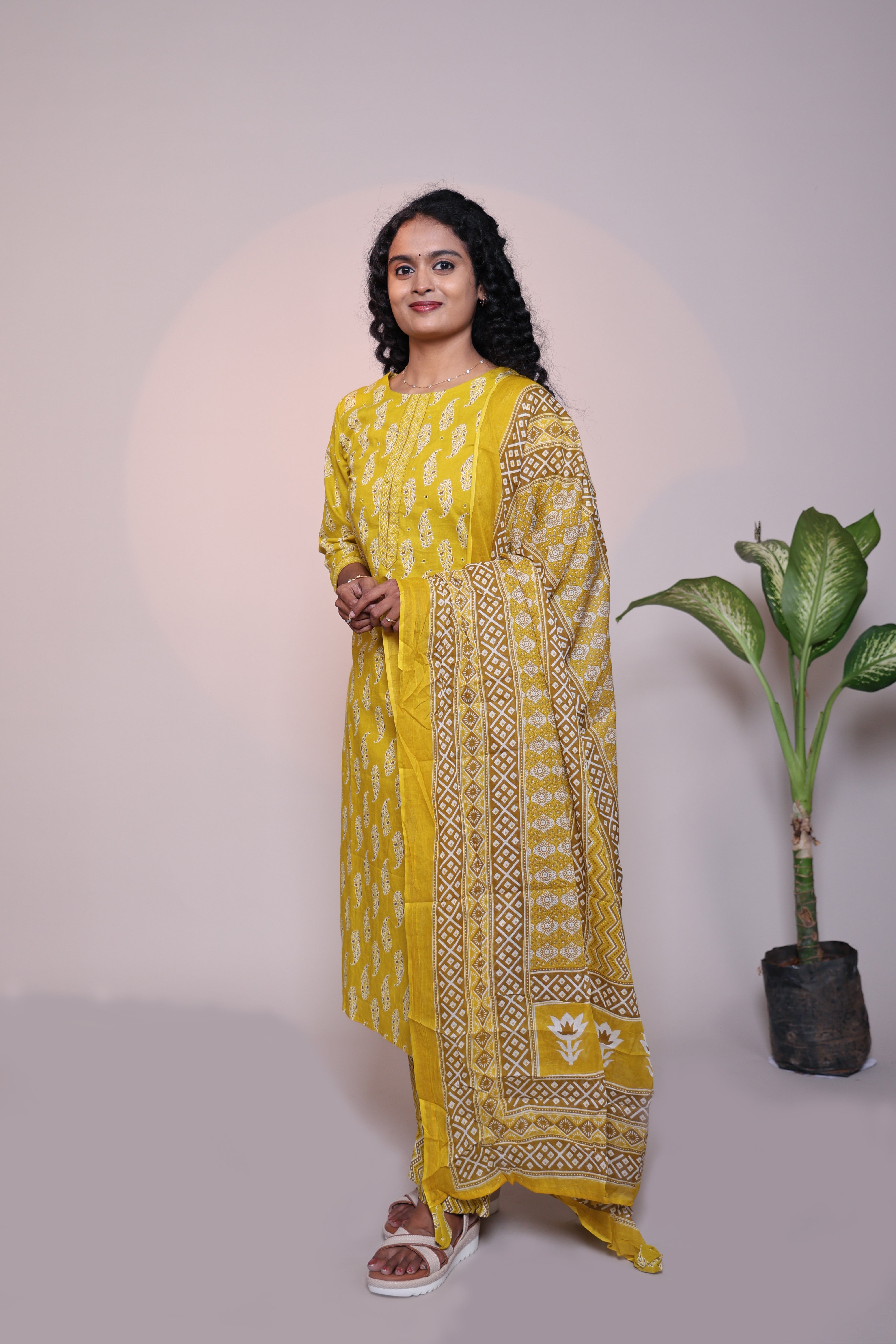 Yellow leaf motifs 3/4 slevee salwar suit with matching pant and printed dupatta