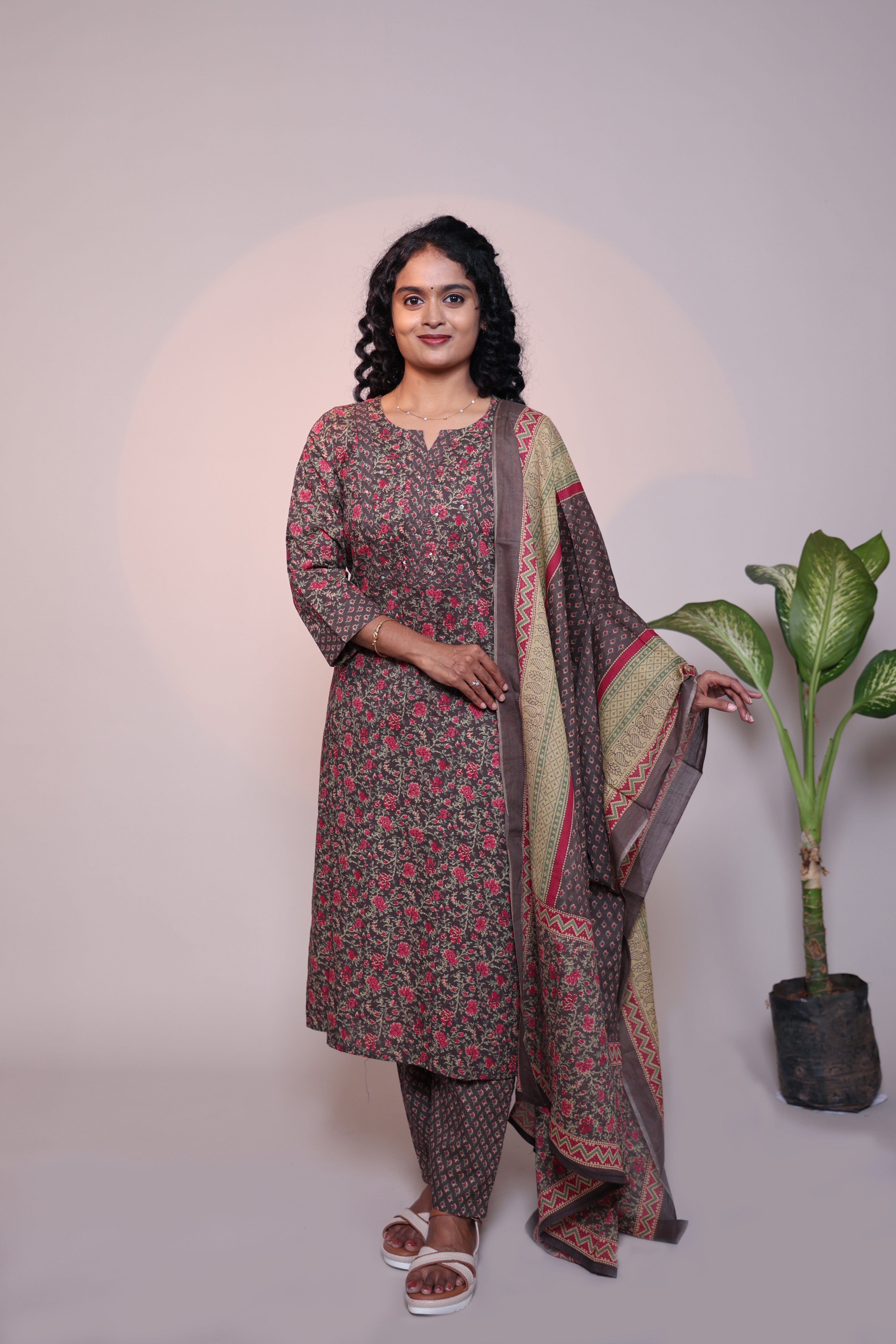 Brown floral motifs 3/4 slevee salwar suit with matching pant and printed dupatta