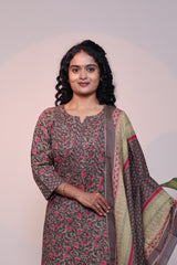 Brown floral motifs 3/4 slevee salwar suit with matching pant and printed dupatta