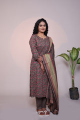 Brown floral motifs 3/4 slevee salwar suit with matching pant and printed dupatta