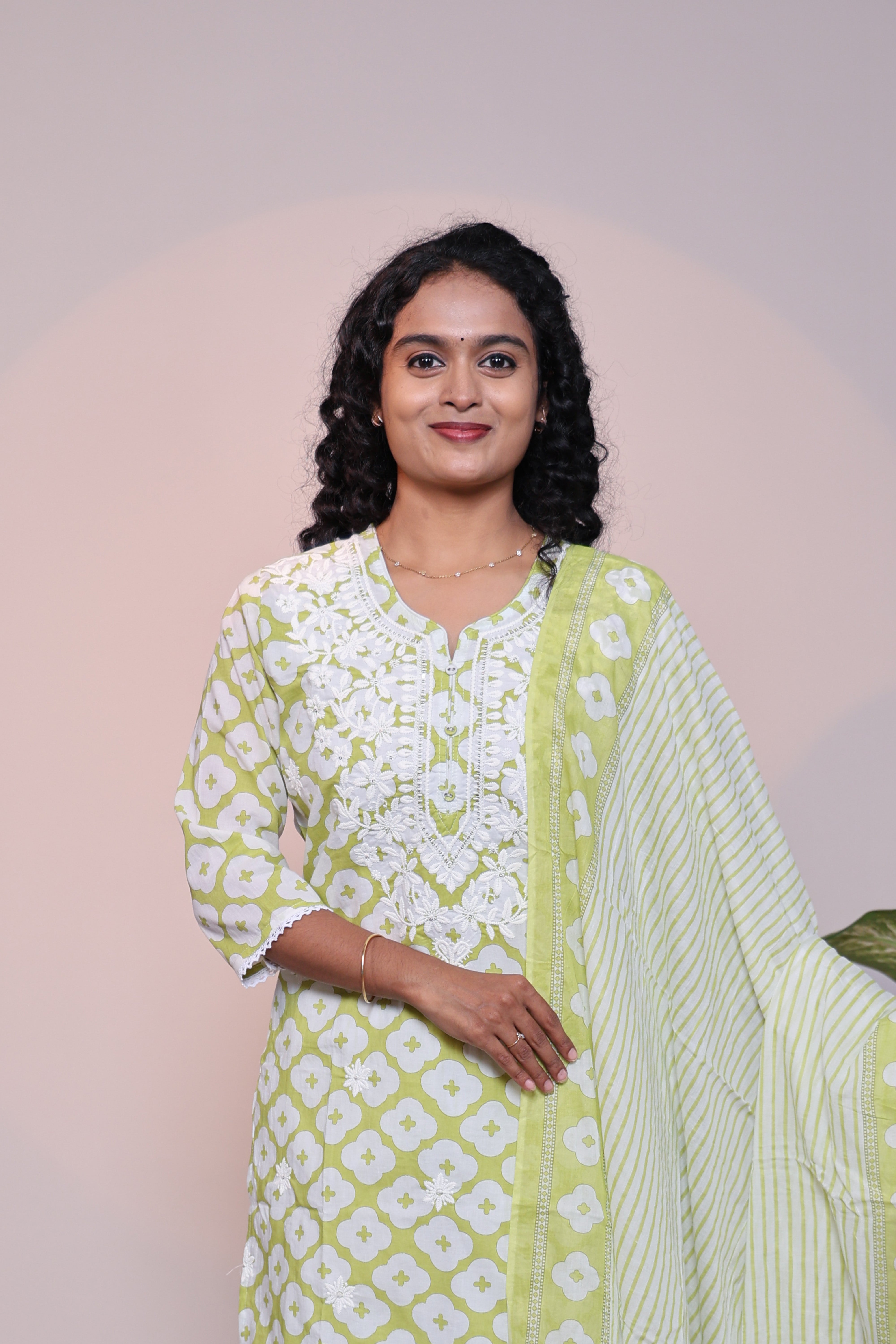 Green floral motifs 3/4 slevee salwar suit with matching pant and printed dupatta