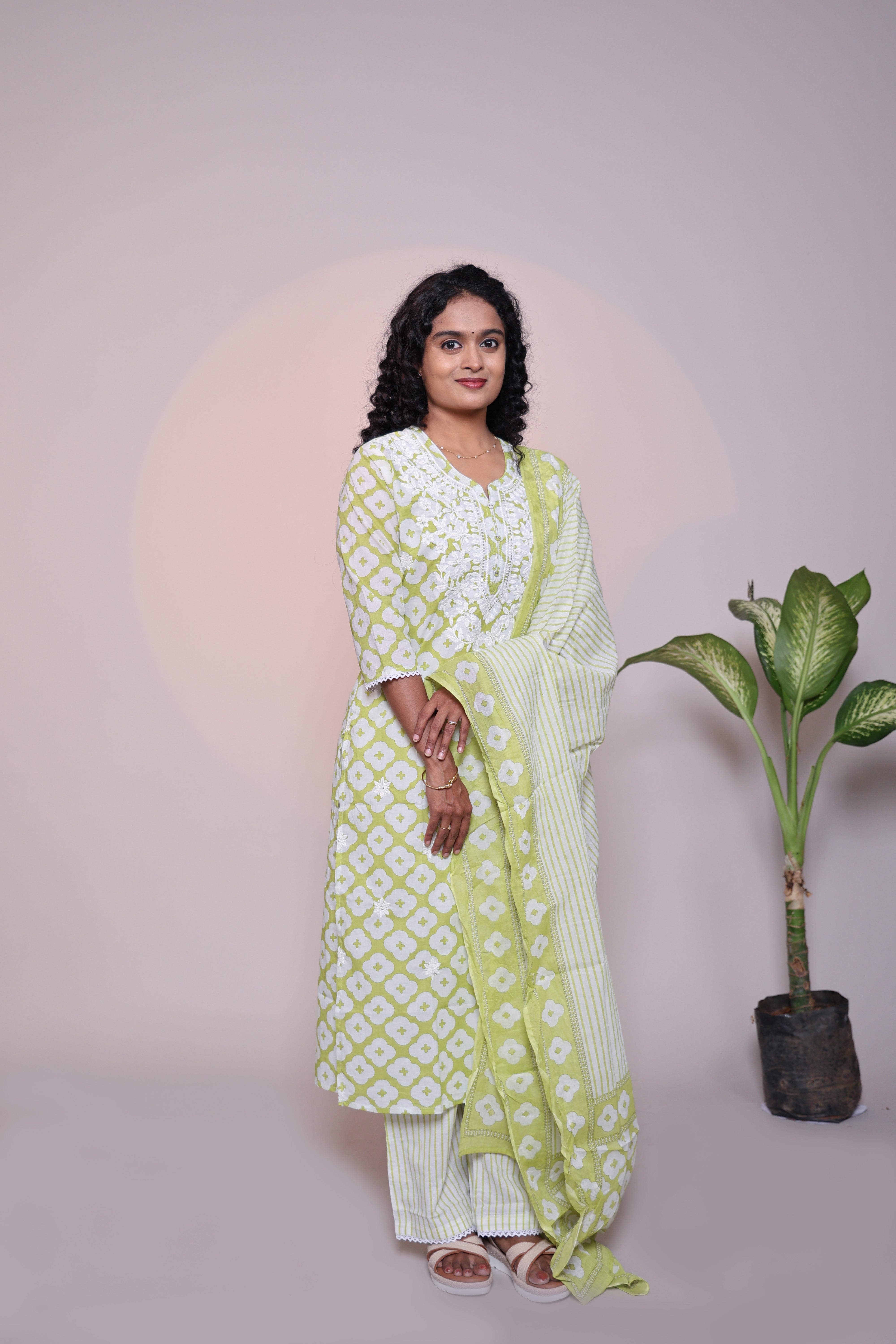 Green floral motifs 3/4 slevee salwar suit with matching pant and printed dupatta
