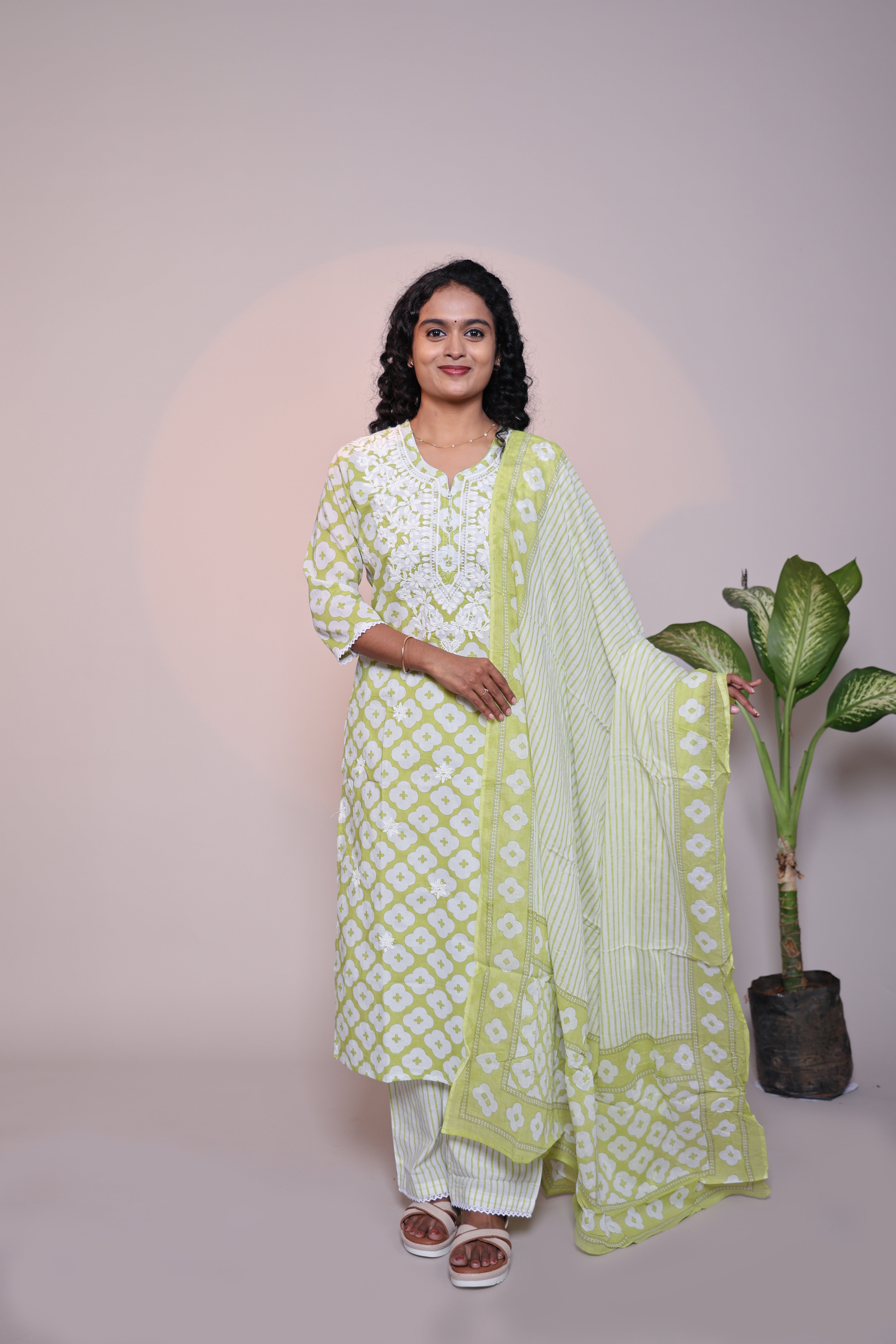 Green floral motifs 3/4 slevee salwar suit with matching pant and printed dupatta