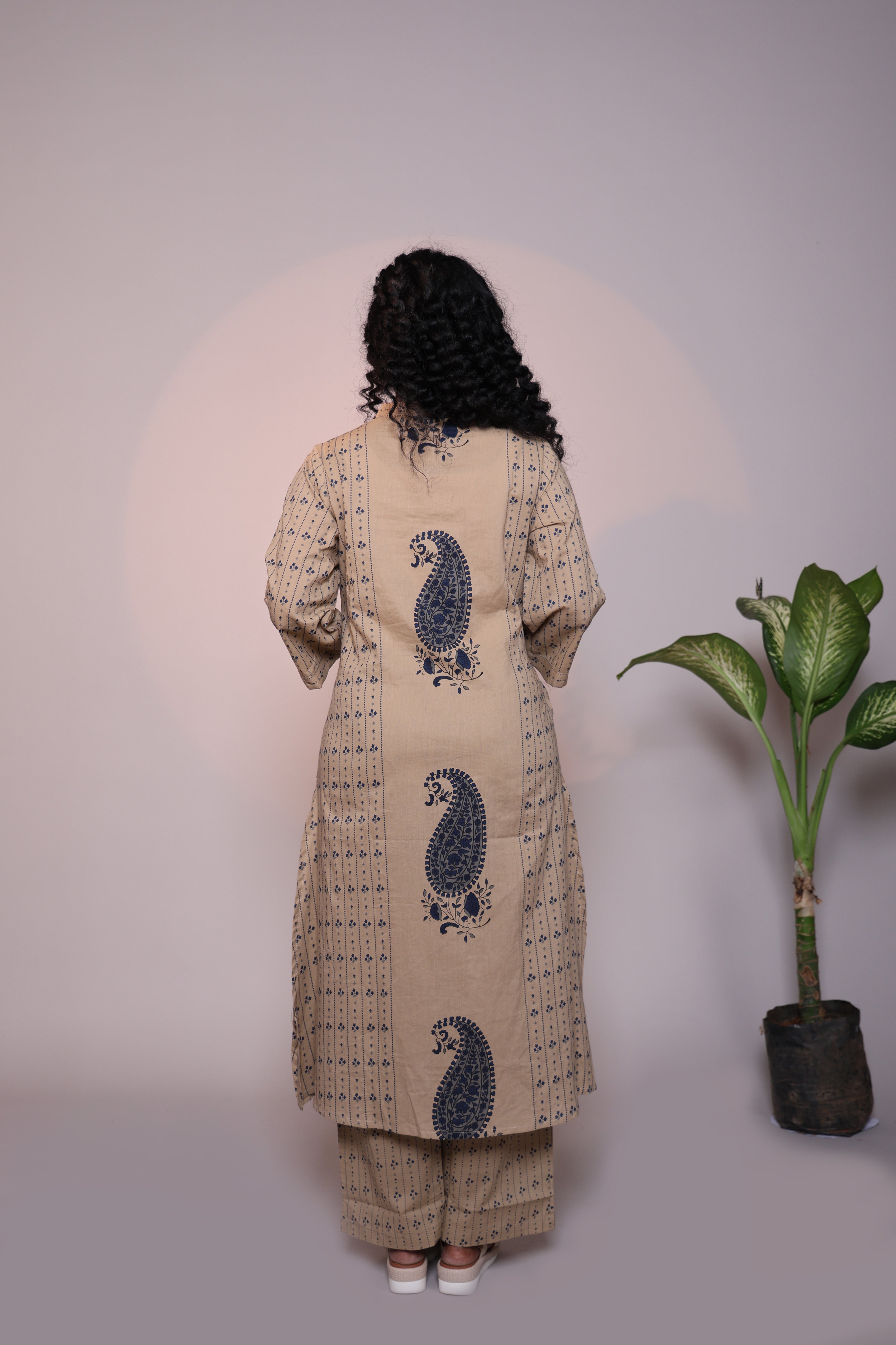 Light brown floral motifs 3/4 slevee salwar suit with matching pant and printed dupatta