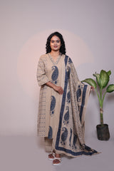 Light brown floral motifs 3/4 slevee salwar suit with matching pant and printed dupatta