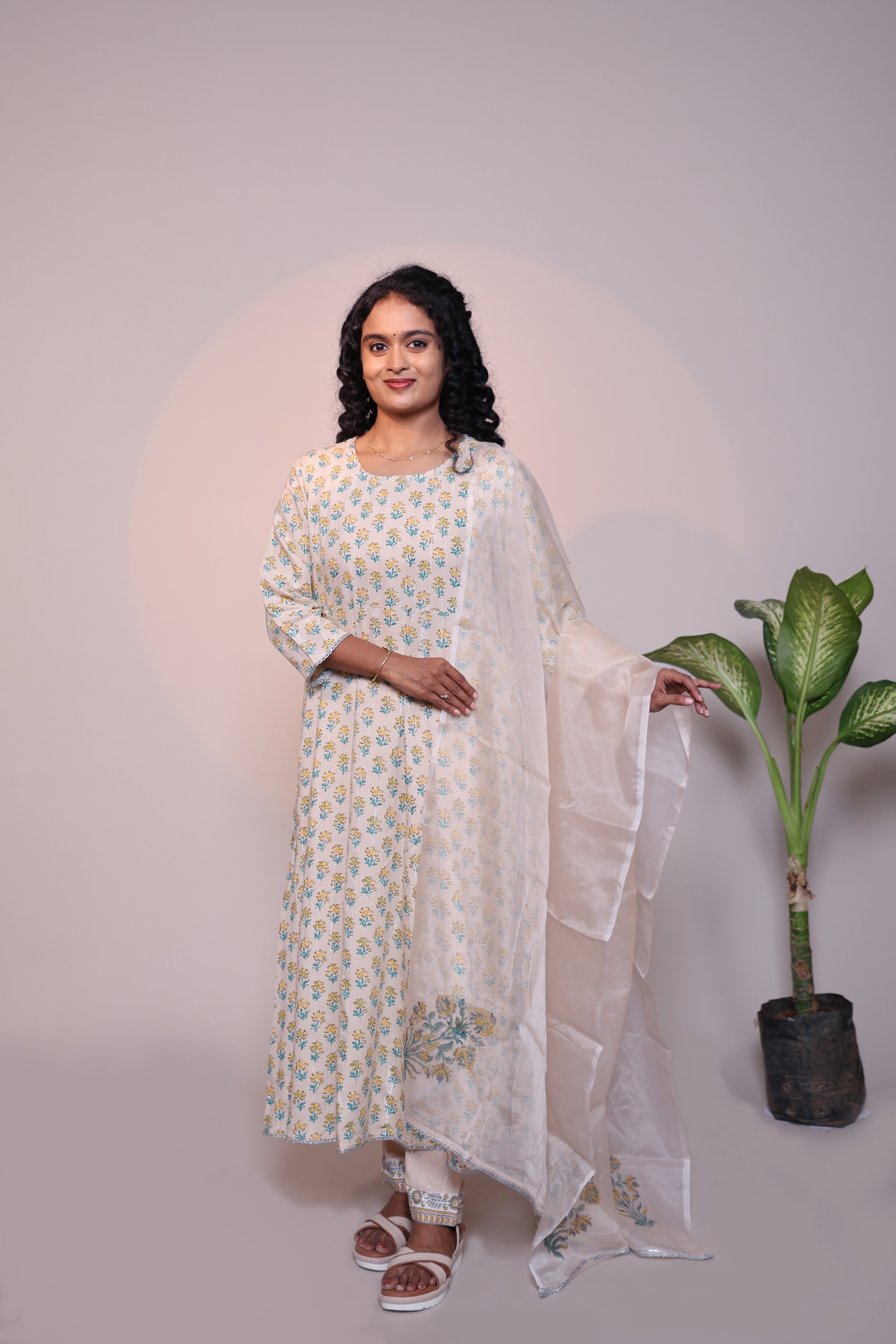 Off white floral motifs 3/4 slevee salwar suit with matching pant and printed dupatta