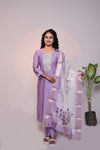 Lavender embroidery 3/4 slevee salwar suit with matching pant and floral printed dupatta