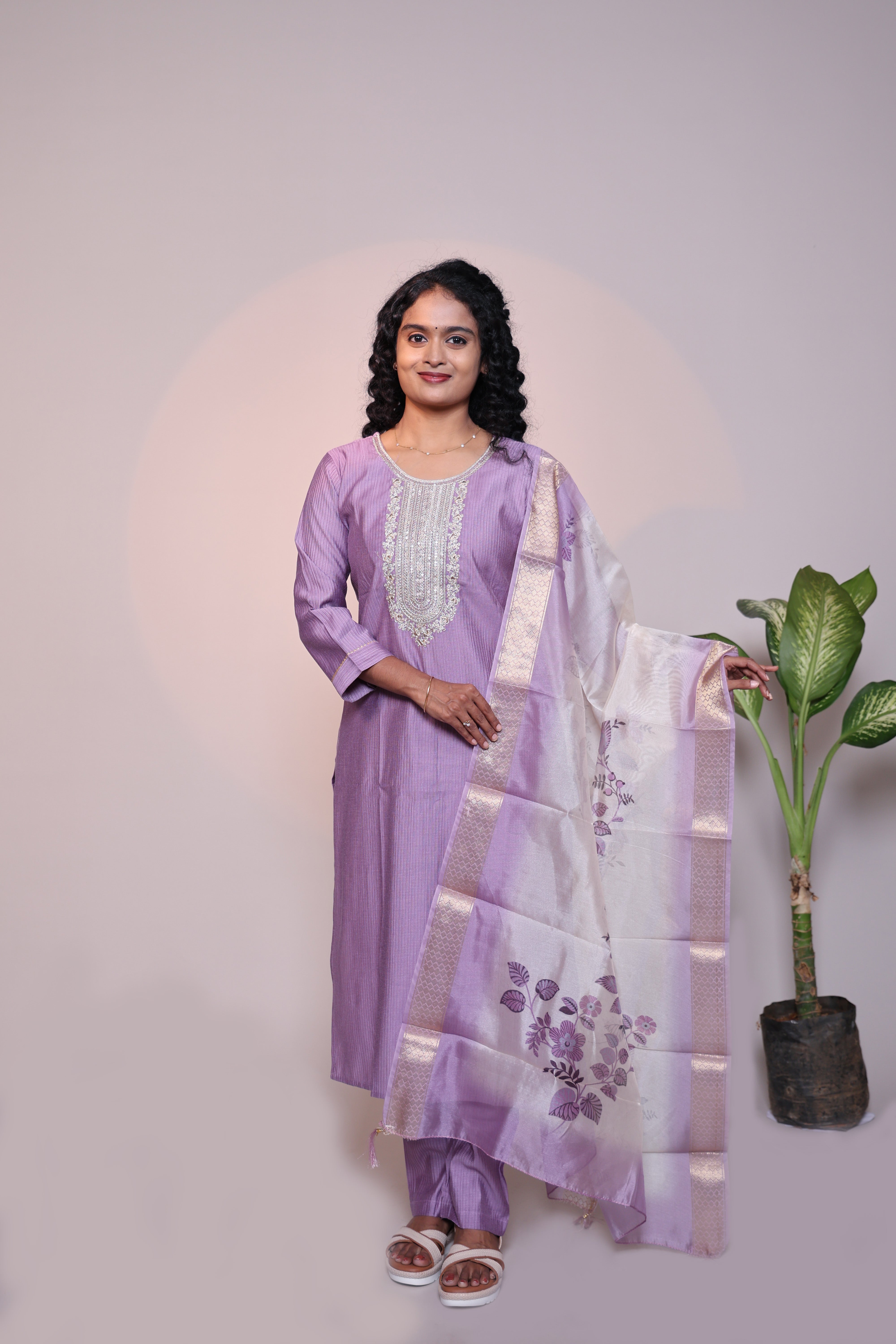 Lavender embroidery 3/4 slevee salwar suit with matching pant and floral printed dupatta