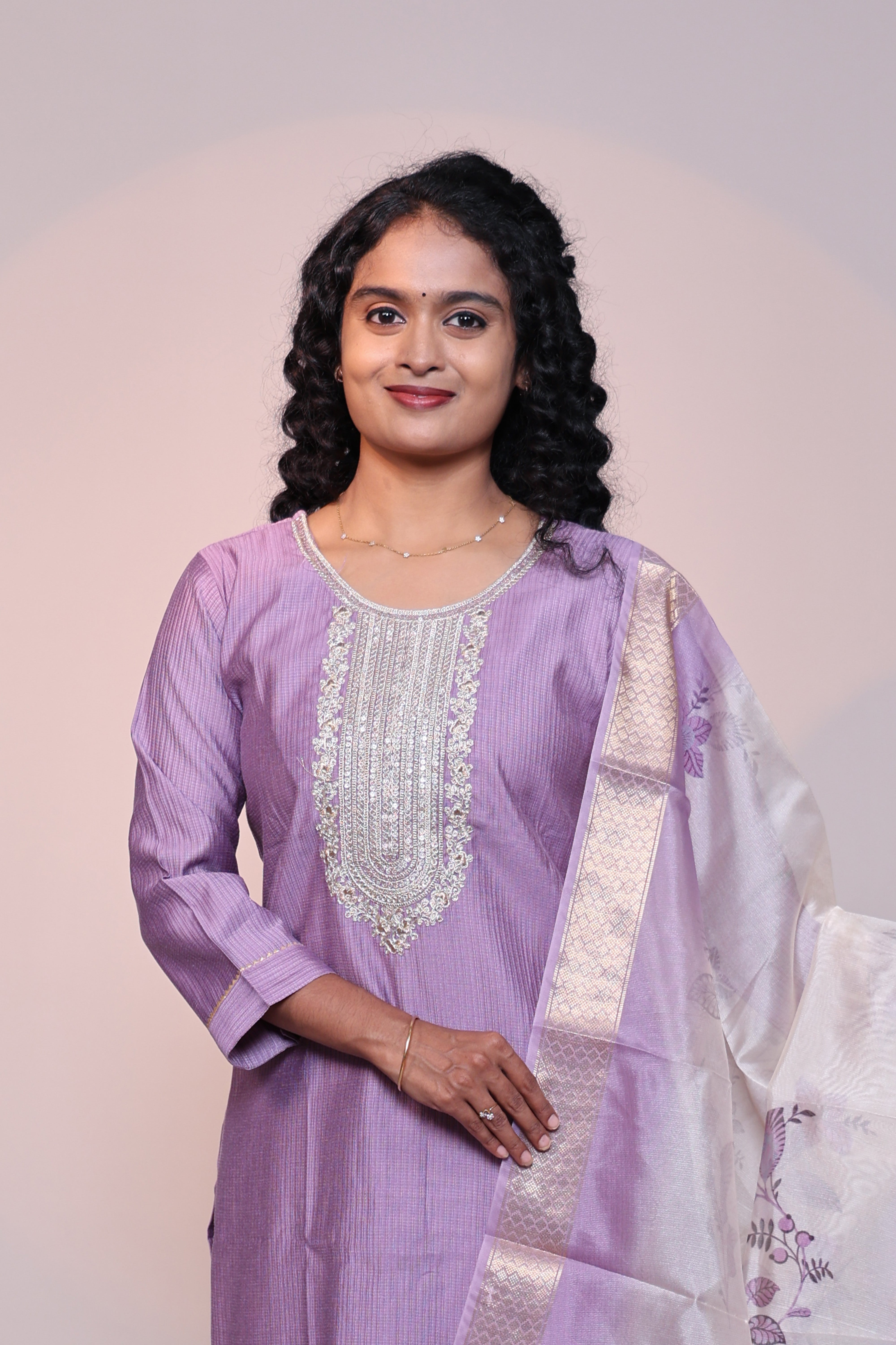 Lavender embroidery 3/4 slevee salwar suit with matching pant and floral printed dupatta
