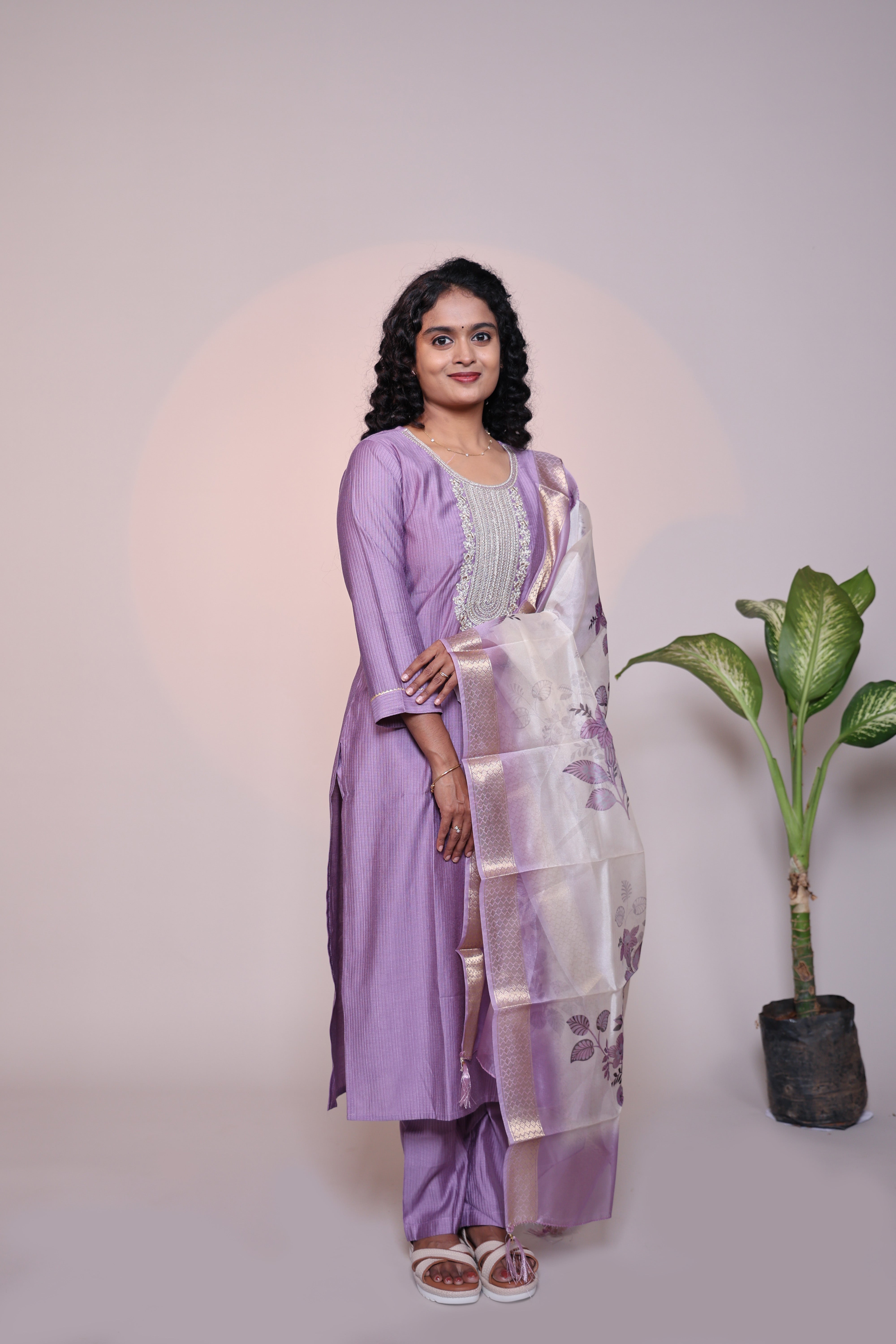 Lavender embroidery 3/4 slevee salwar suit with matching pant and floral printed dupatta