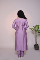 Lavender embroidery 3/4 slevee salwar suit with matching pant and floral printed dupatta