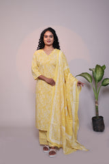 Yellow floral design 3/4 slevee salwar suit with matching pant and floral printed dupatta