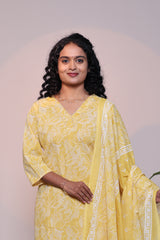 Yellow floral design 3/4 slevee salwar suit with matching pant and floral printed dupatta