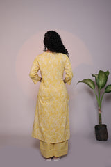 Yellow floral design 3/4 slevee salwar suit with matching pant and floral printed dupatta