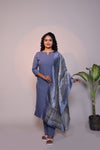 Grey plain 3/4 slevee salwar suit with matching pant and floral printed dupatta