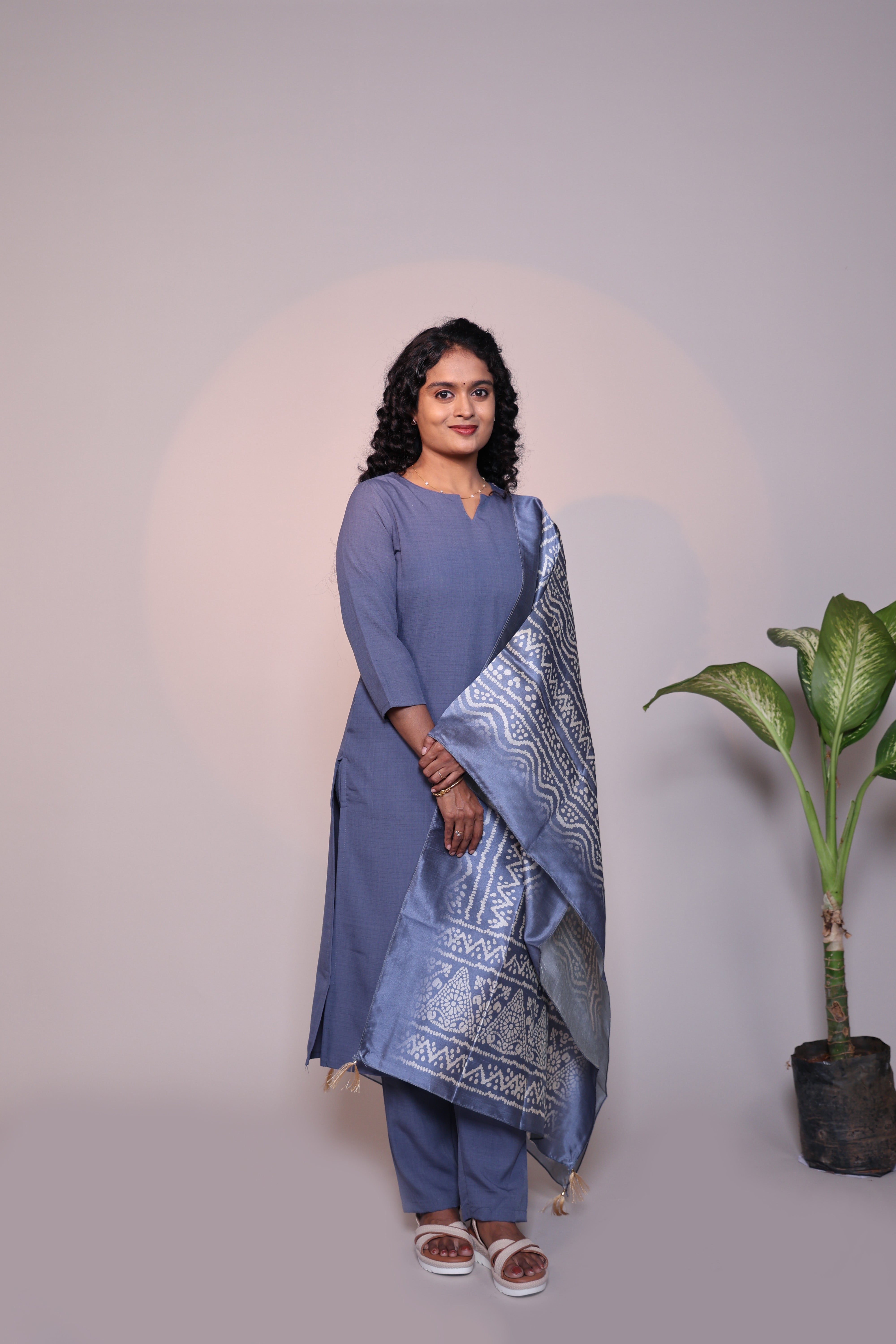 Grey plain 3/4 slevee salwar suit with matching pant and floral printed dupatta