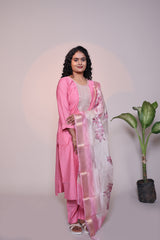Pink embroidery 3/4 slevee salwar suit with matching pant and floral printed dupatta