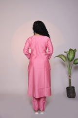 Pink embroidery 3/4 slevee salwar suit with matching pant and floral printed dupatta