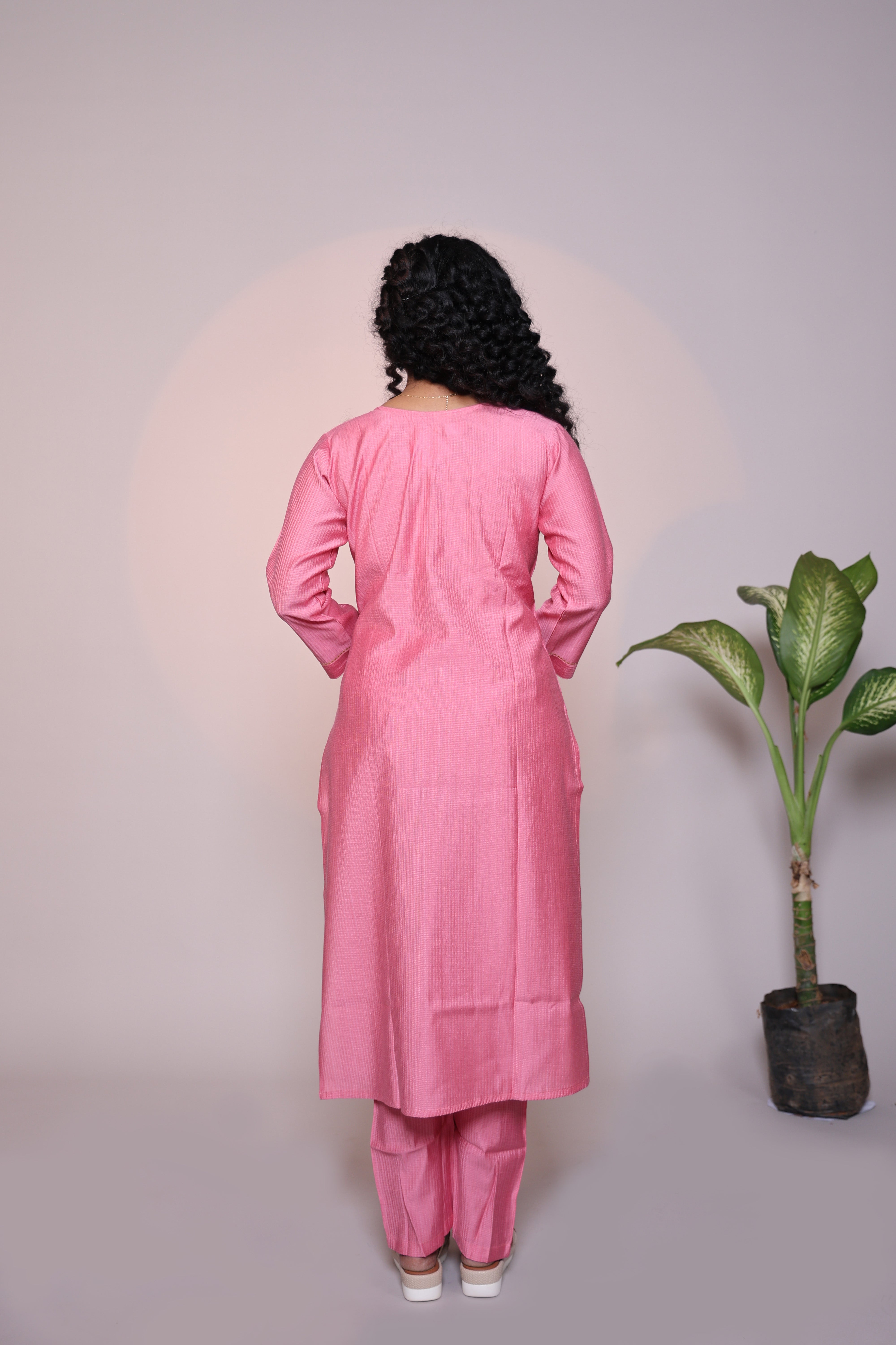 Pink embroidery 3/4 slevee salwar suit with matching pant and floral printed dupatta