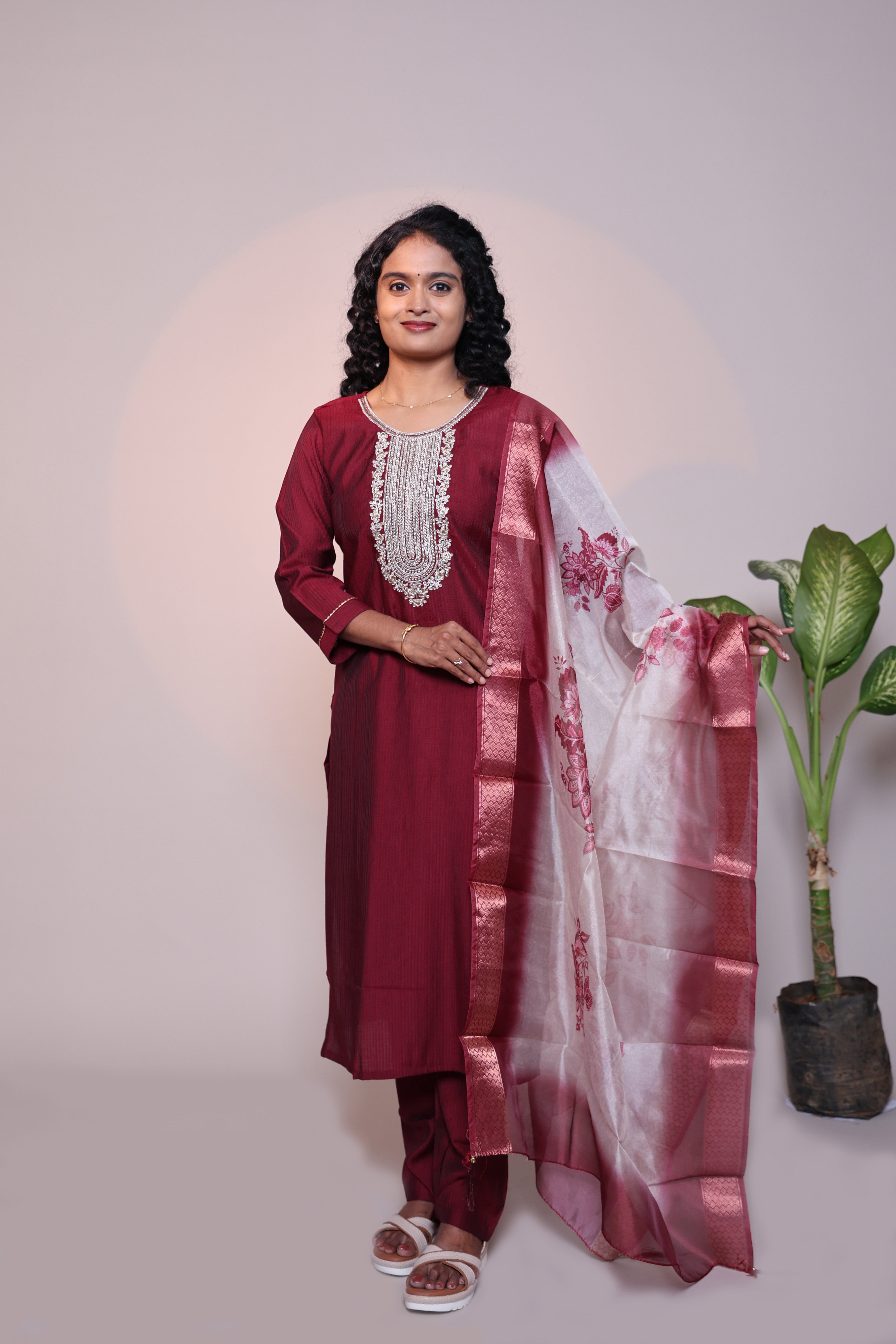 Maroon embroidery 3/4 slevee salwar suit with matching pant and floral printed dupatta