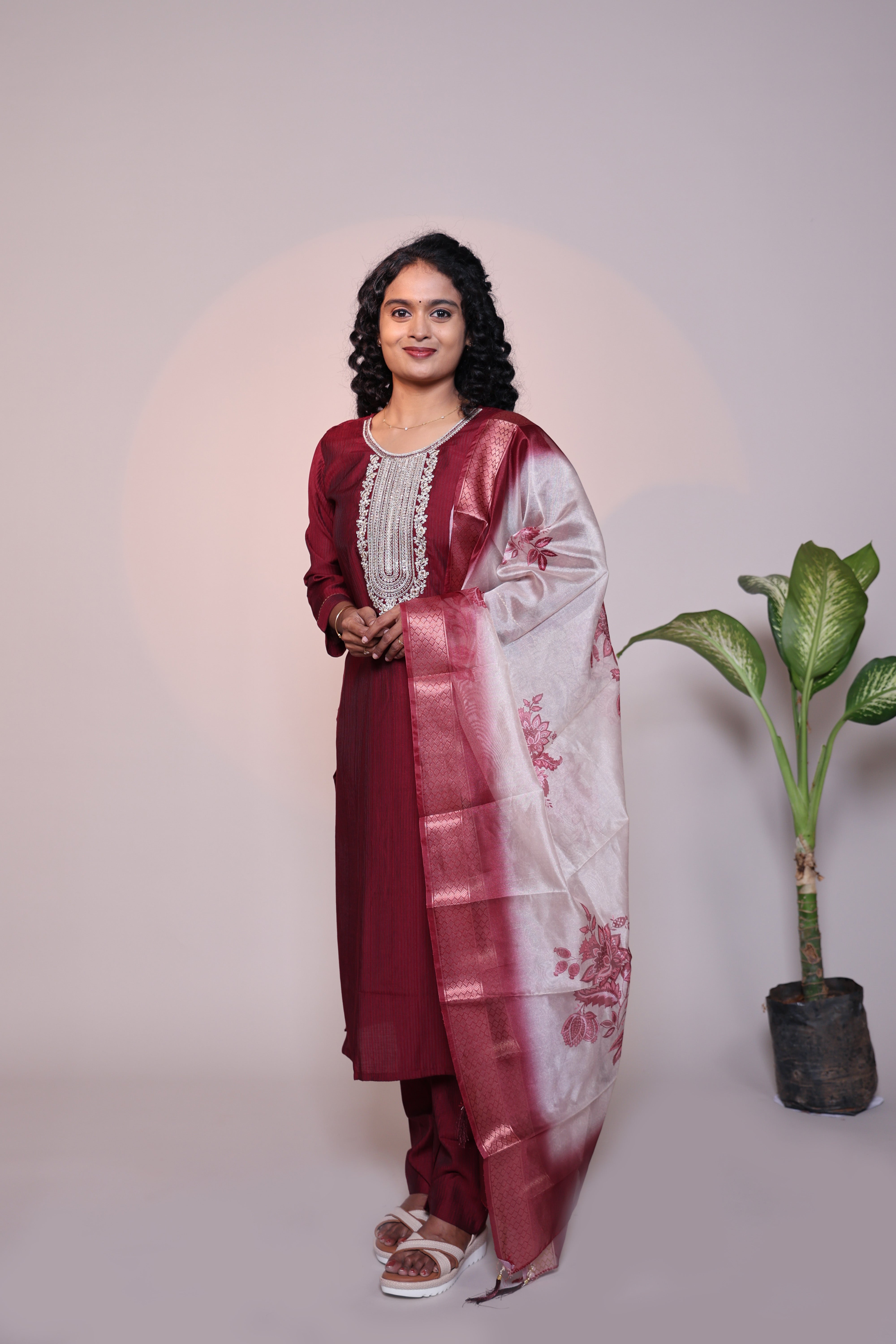 Maroon embroidery 3/4 slevee salwar suit with matching pant and floral printed dupatta