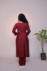 Maroon embroidery 3/4 slevee salwar suit with matching pant and floral printed dupatta