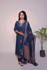 Blue V neck butta design 3/4 slevee salwar suit with matching pant and floral printed dupatta