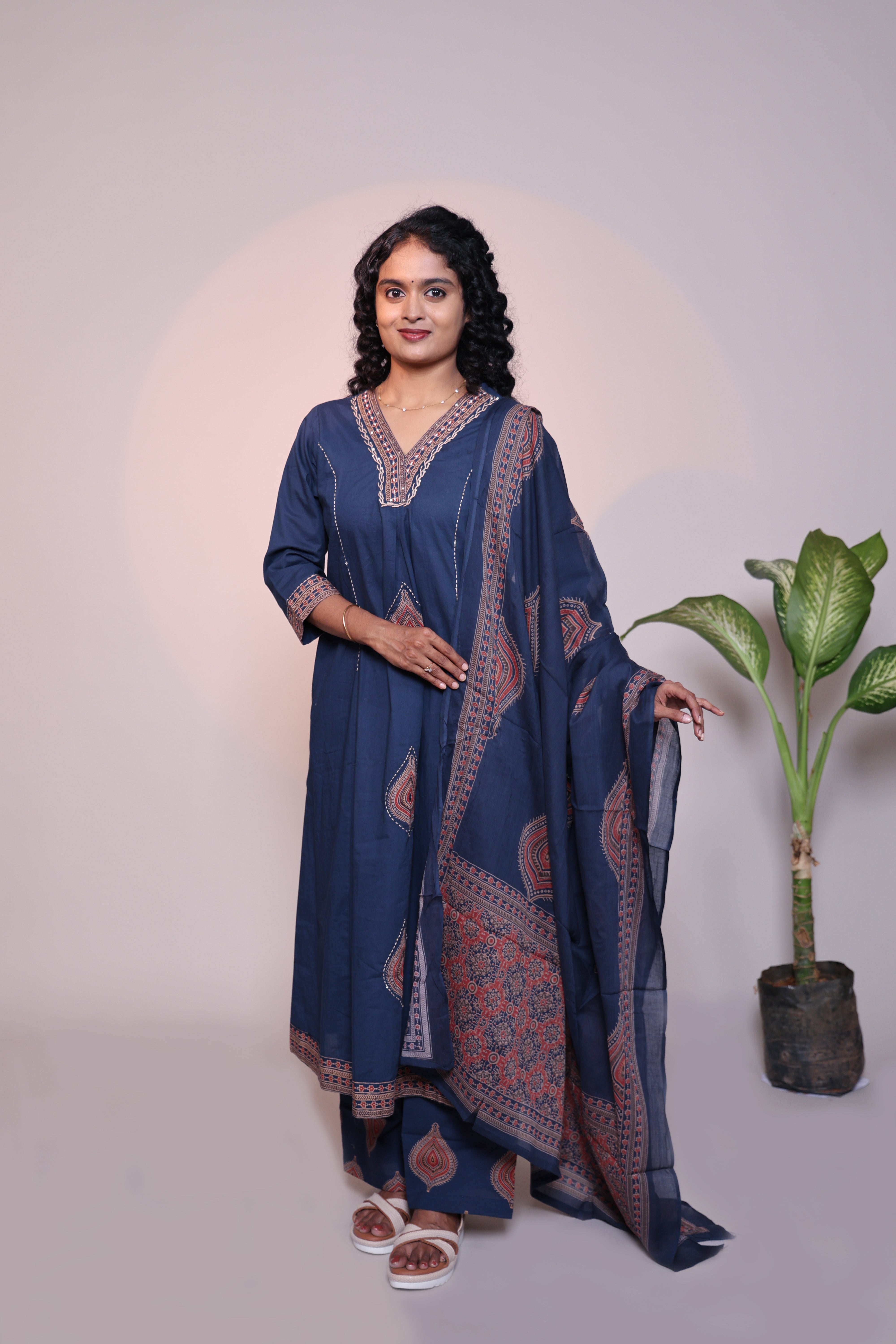 Blue V neck butta design 3/4 slevee salwar suit with matching pant and floral printed dupatta