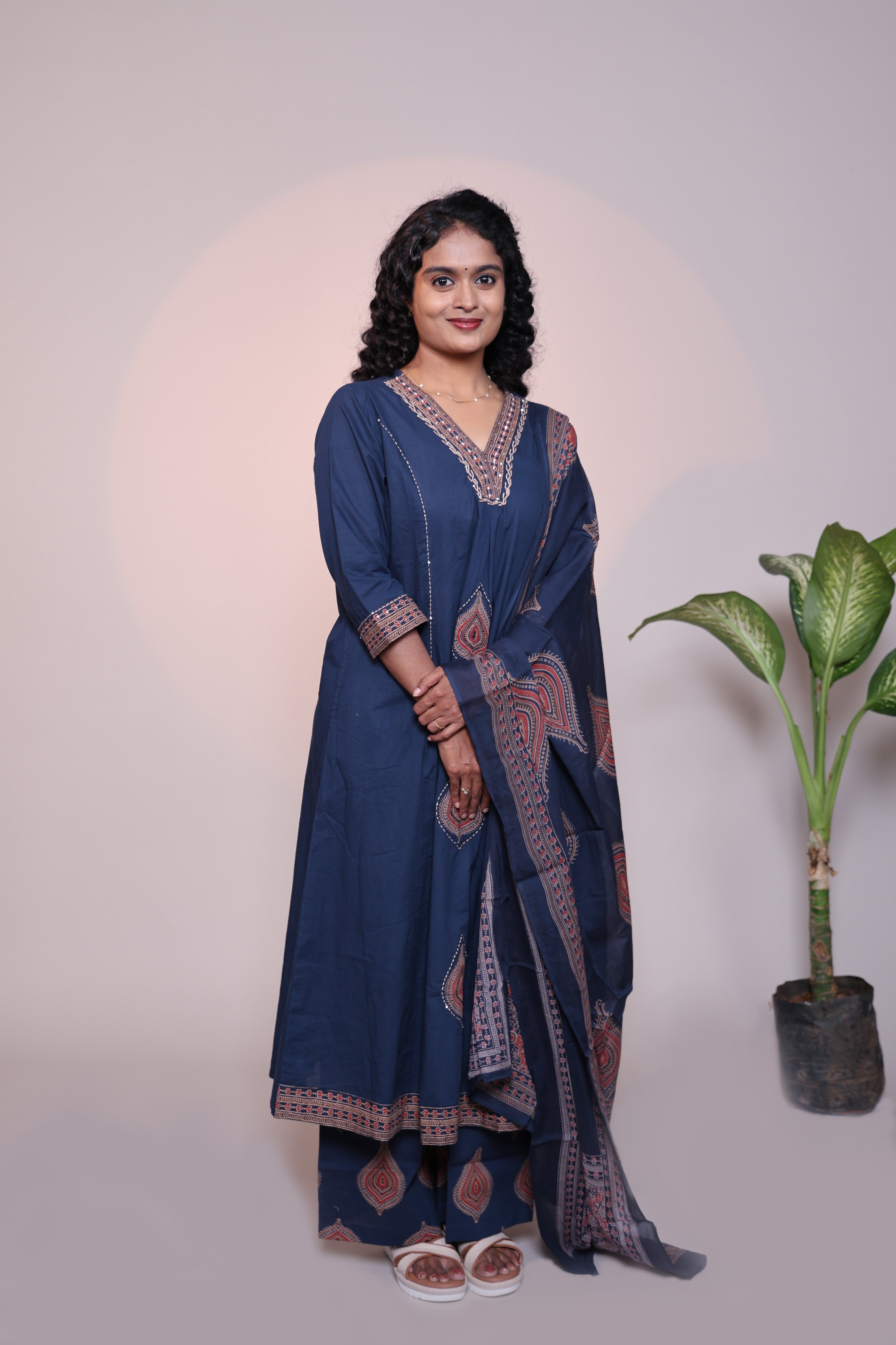 Blue V neck butta design 3/4 slevee salwar suit with matching pant and floral printed dupatta