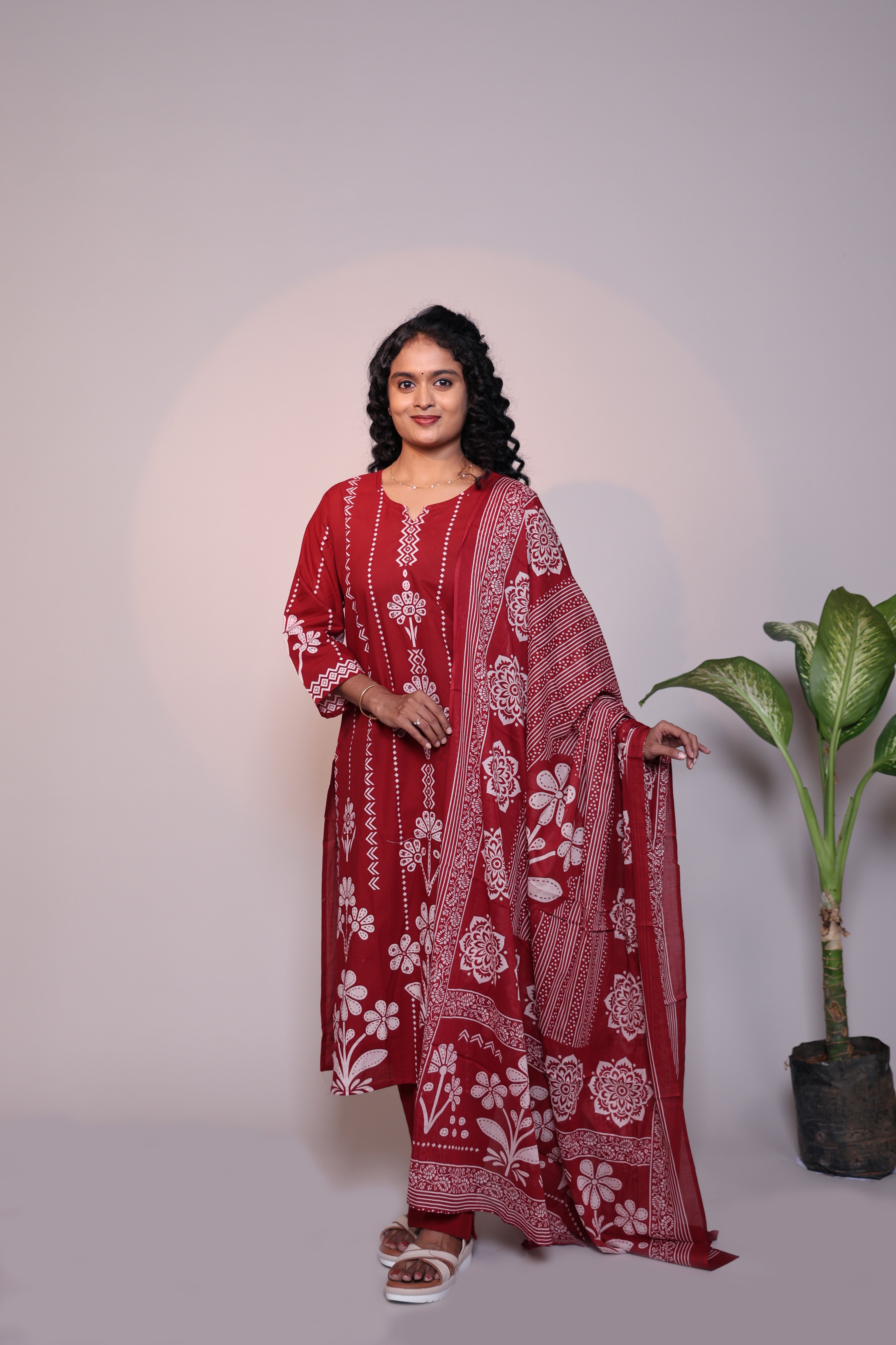 Red floral design 3/4 slevee salwar suit with matching pant and floral printed dupatta