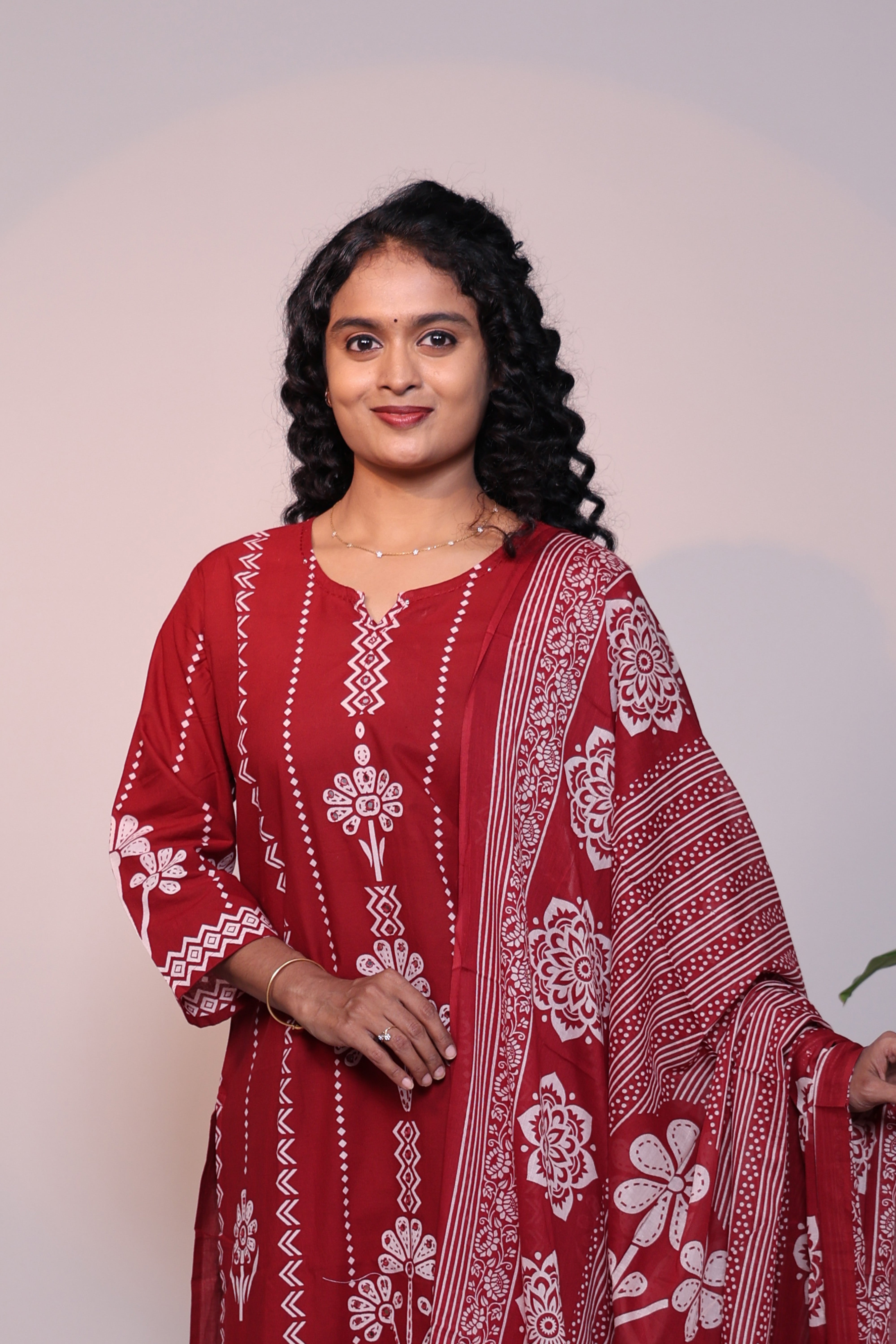Red floral design 3/4 slevee salwar suit with matching pant and floral printed dupatta