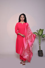 Pink plain 3/4 slevee salwar suit with matching pant and printed dupatta