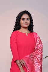Pink plain 3/4 slevee salwar suit with matching pant and printed dupatta