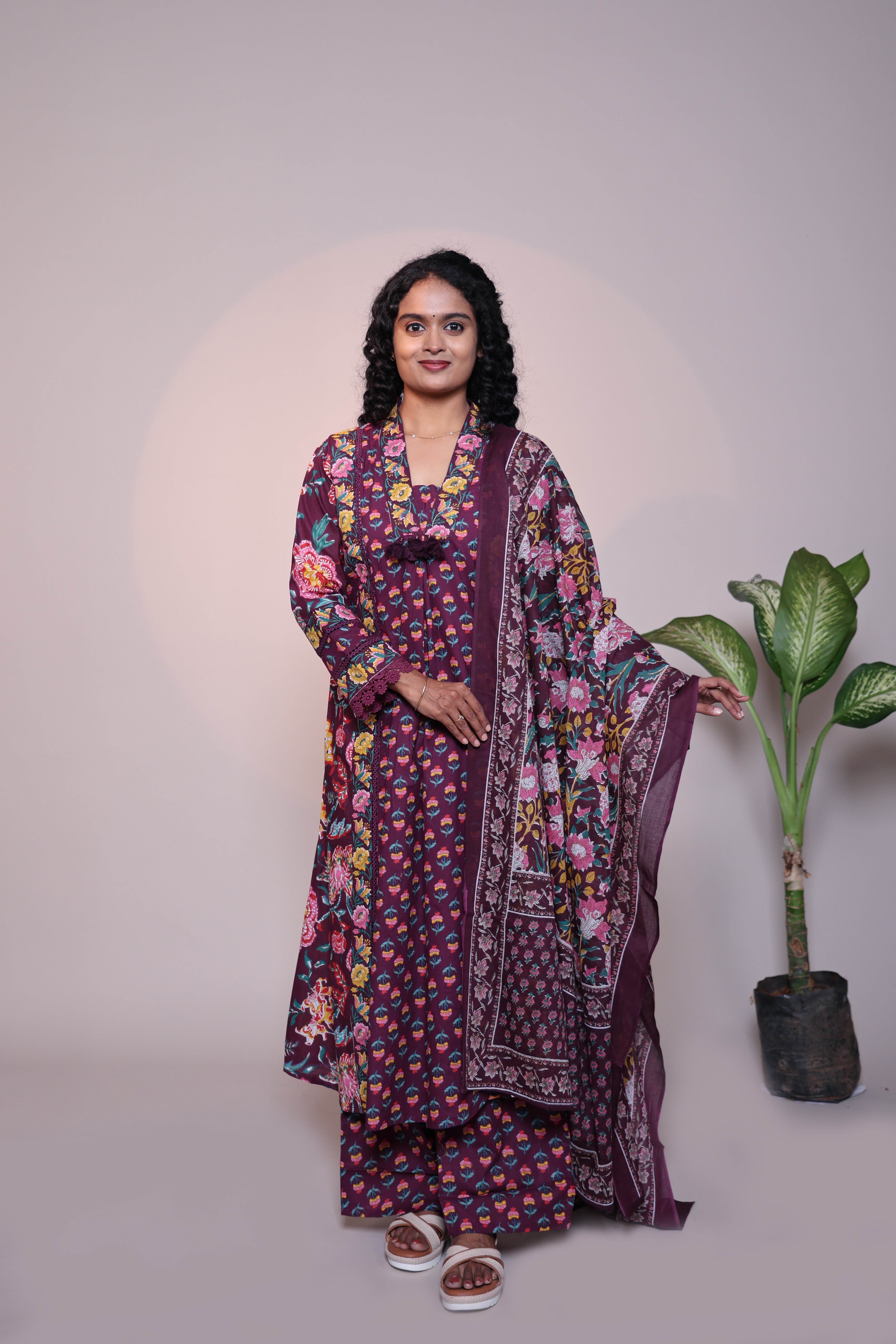 Purple floral design 3/4 slevee salwar suit with matching pant and printed dupatta