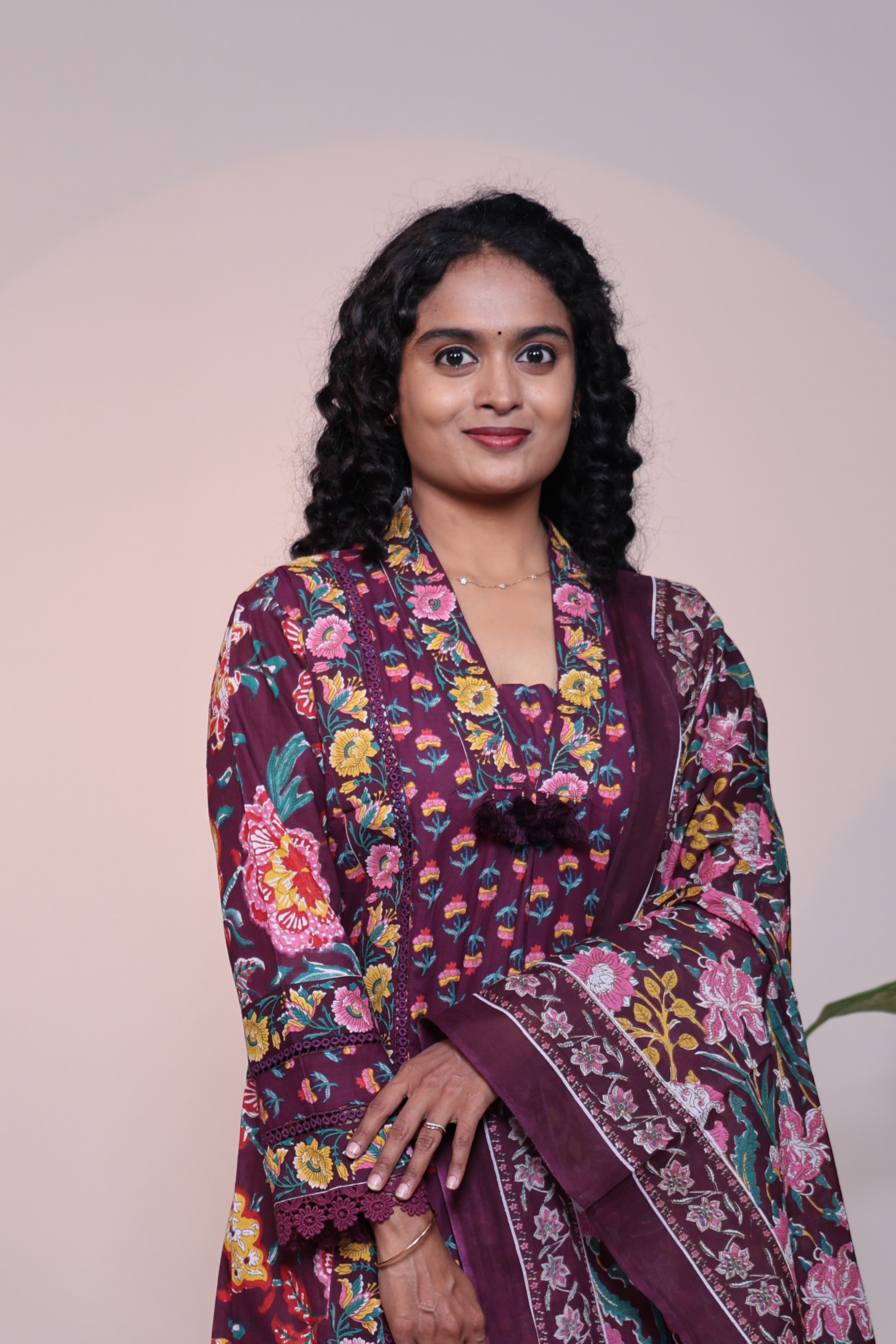 Purple floral design 3/4 slevee salwar suit with matching pant and printed dupatta