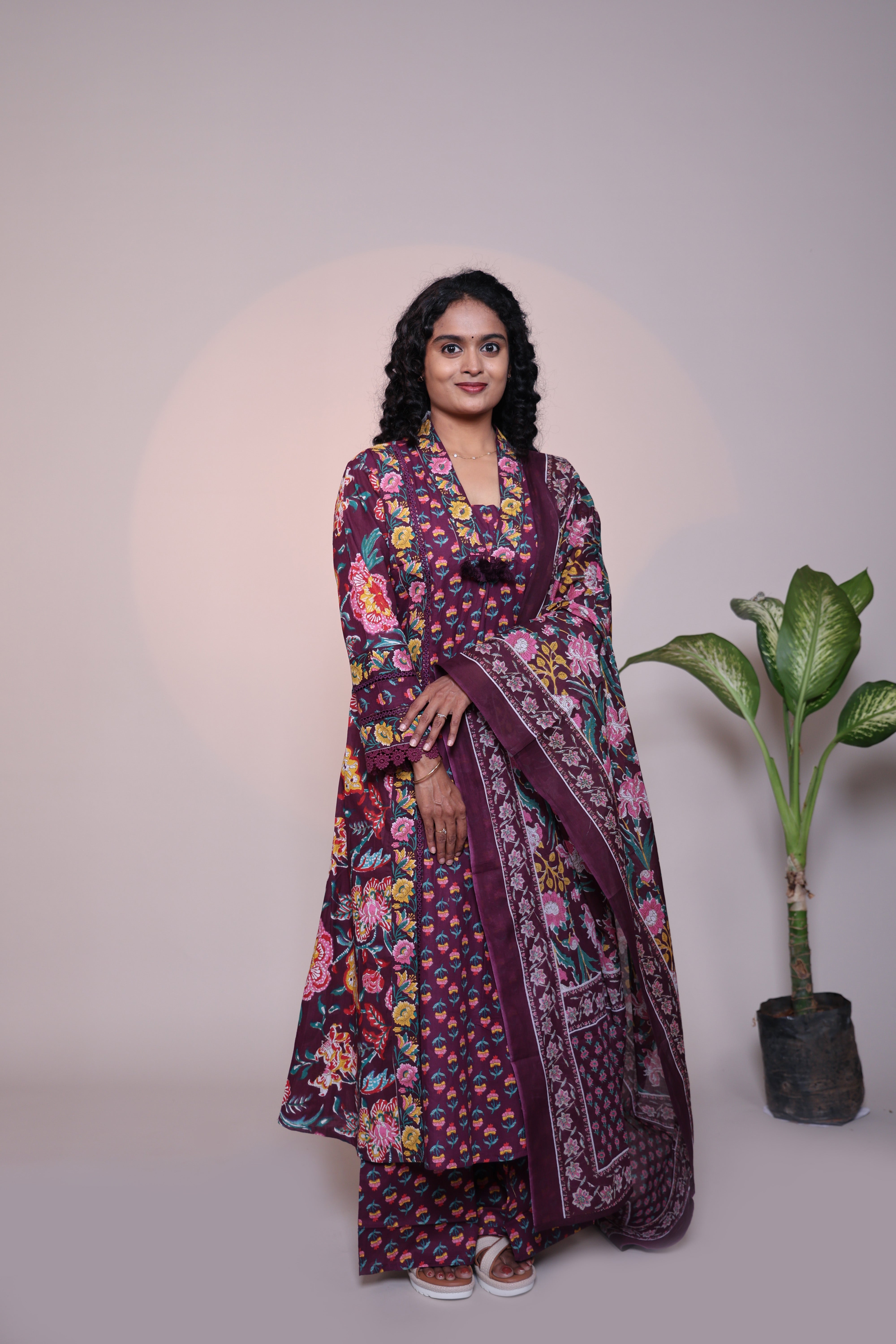 Purple floral design 3/4 slevee salwar suit with matching pant and printed dupatta