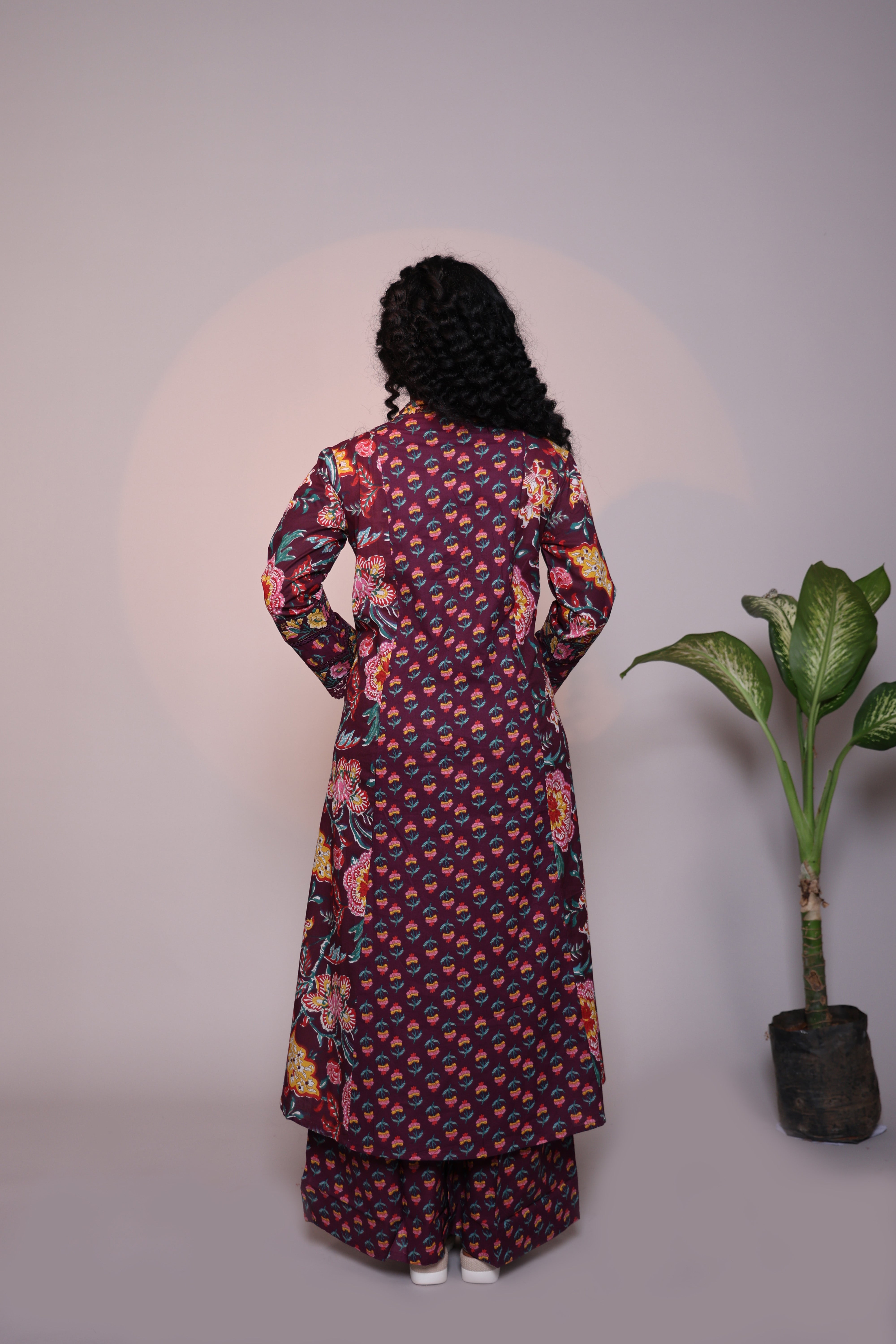 Purple floral design 3/4 slevee salwar suit with matching pant and printed dupatta