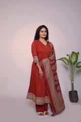 Rust orange embroidery design 3/4 slevee salwar suit with matching pant and printed dupatta