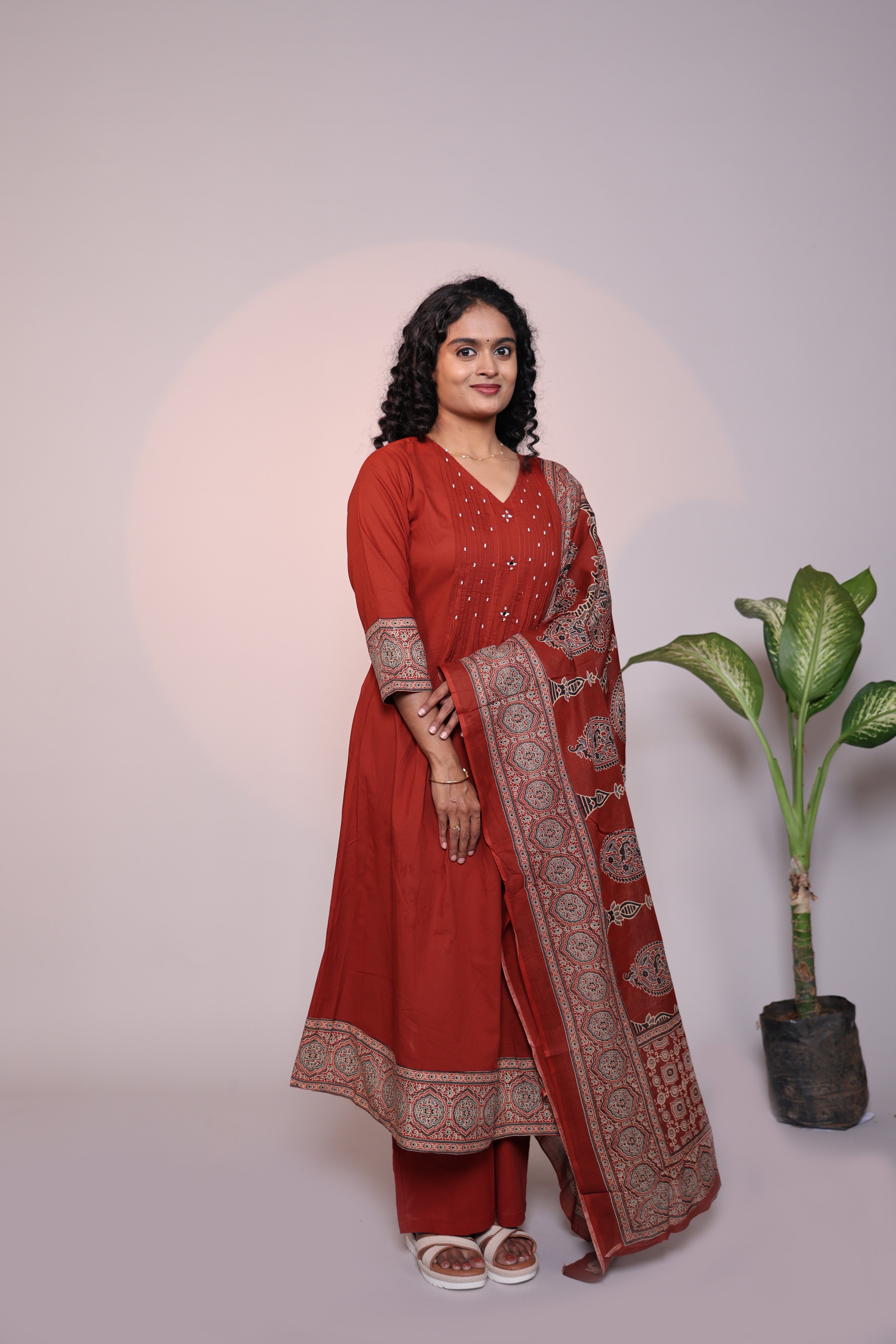 Rust orange embroidery design 3/4 slevee salwar suit with matching pant and printed dupatta