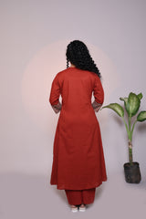 Rust orange embroidery design 3/4 slevee salwar suit with matching pant and printed dupatta