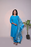 Blue plain 3/4 slevee salwar suit with matching pant and floral printed dupatta