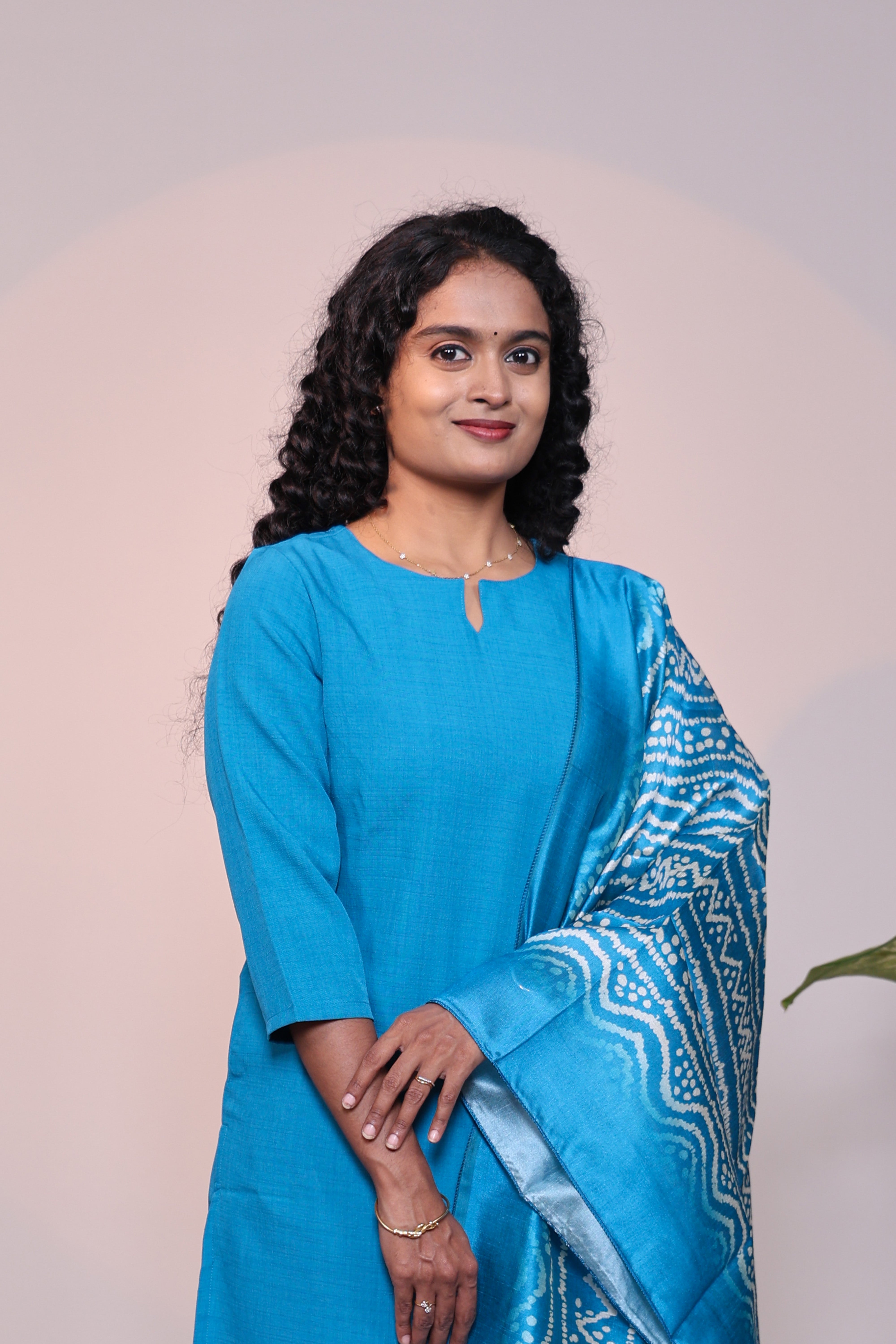 Blue plain 3/4 slevee salwar suit with matching pant and floral printed dupatta