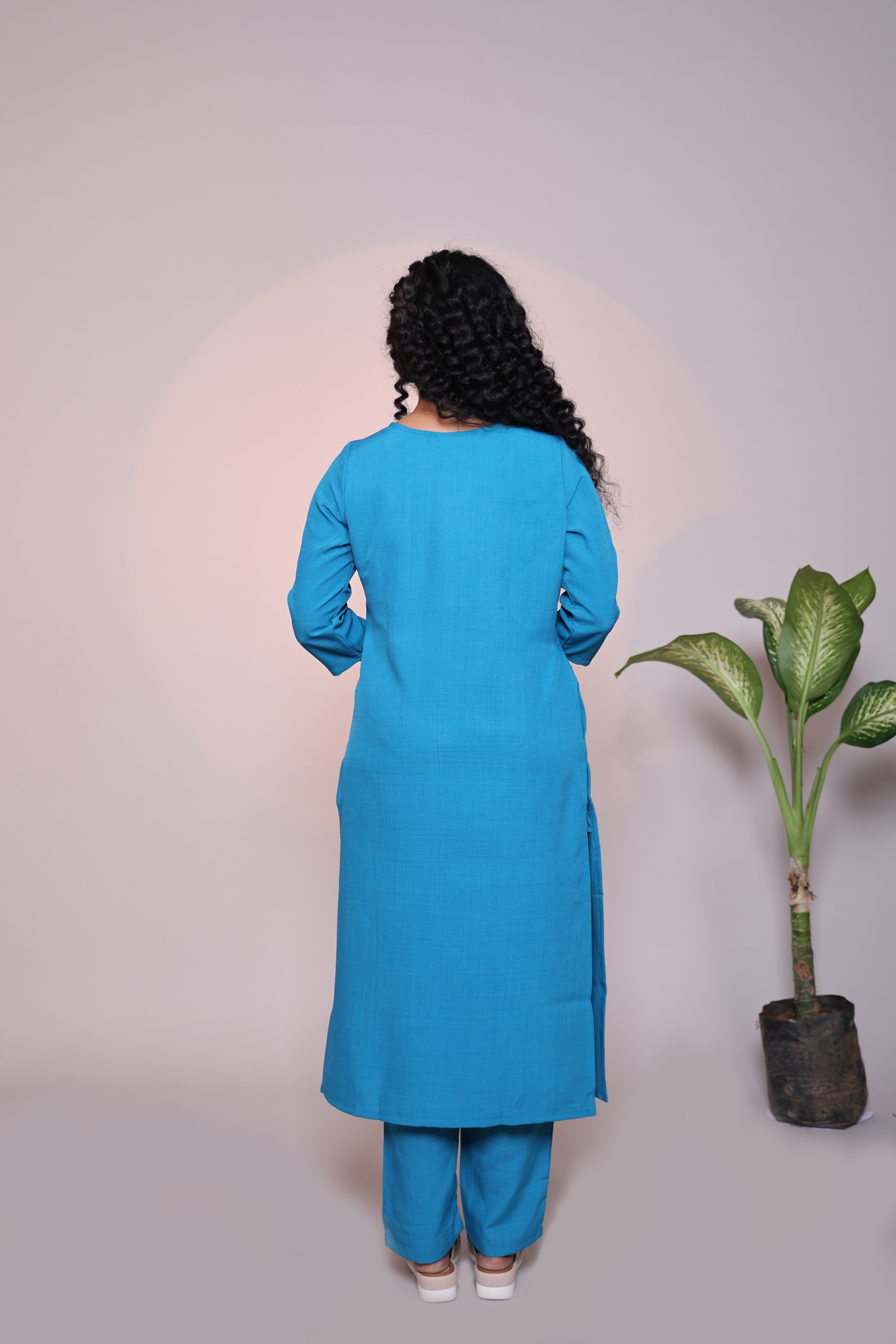 Blue plain 3/4 slevee salwar suit with matching pant and floral printed dupatta