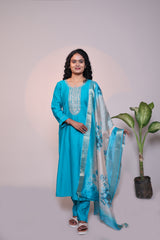 Blue embroidery 3/4 slevee salwar suit with matching pant and floral printed dupatta